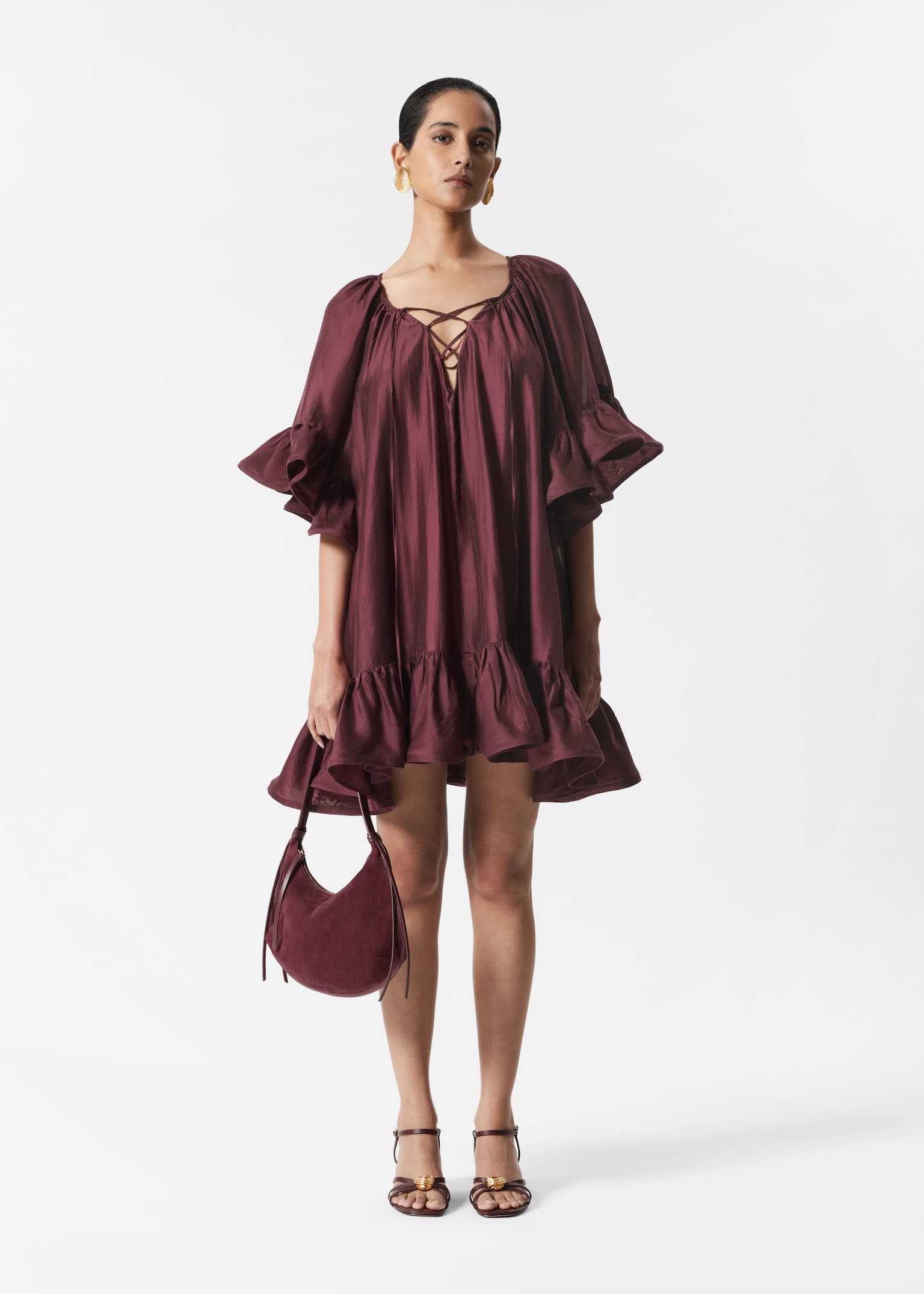 Ruffle Mini Dress - Dark Red/Pink/Red Floral