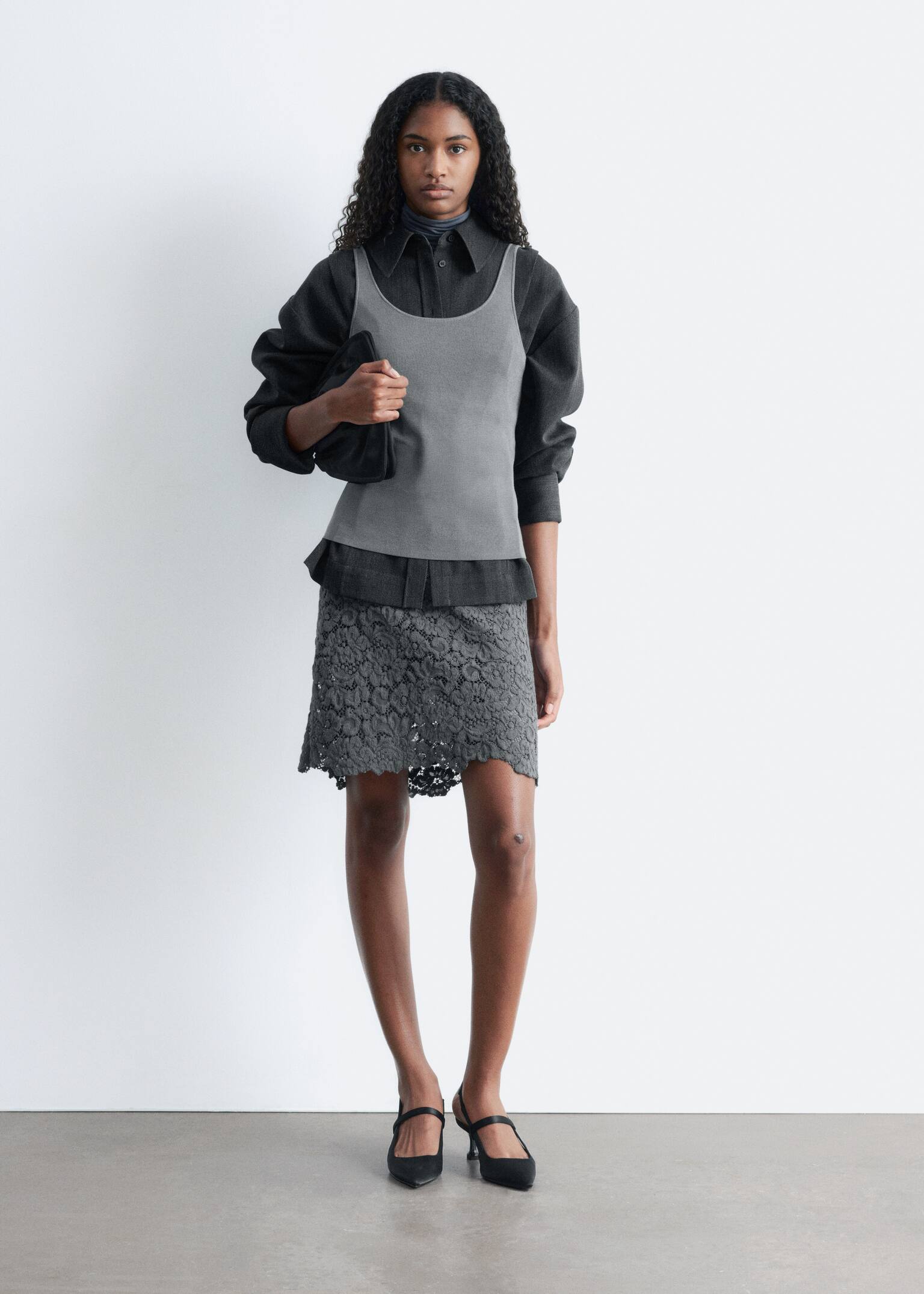 Maiou cu decolteu rotund - Gri închis/Crem - 2