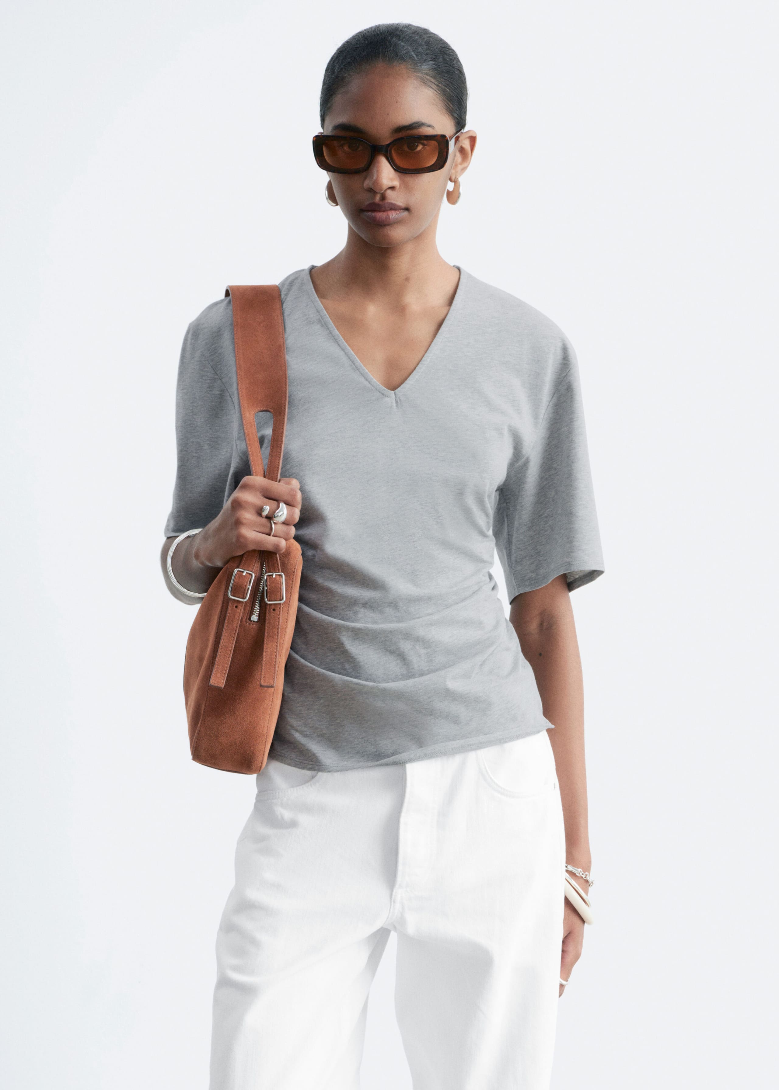 Image of Gathered V-Neck T-Shirt