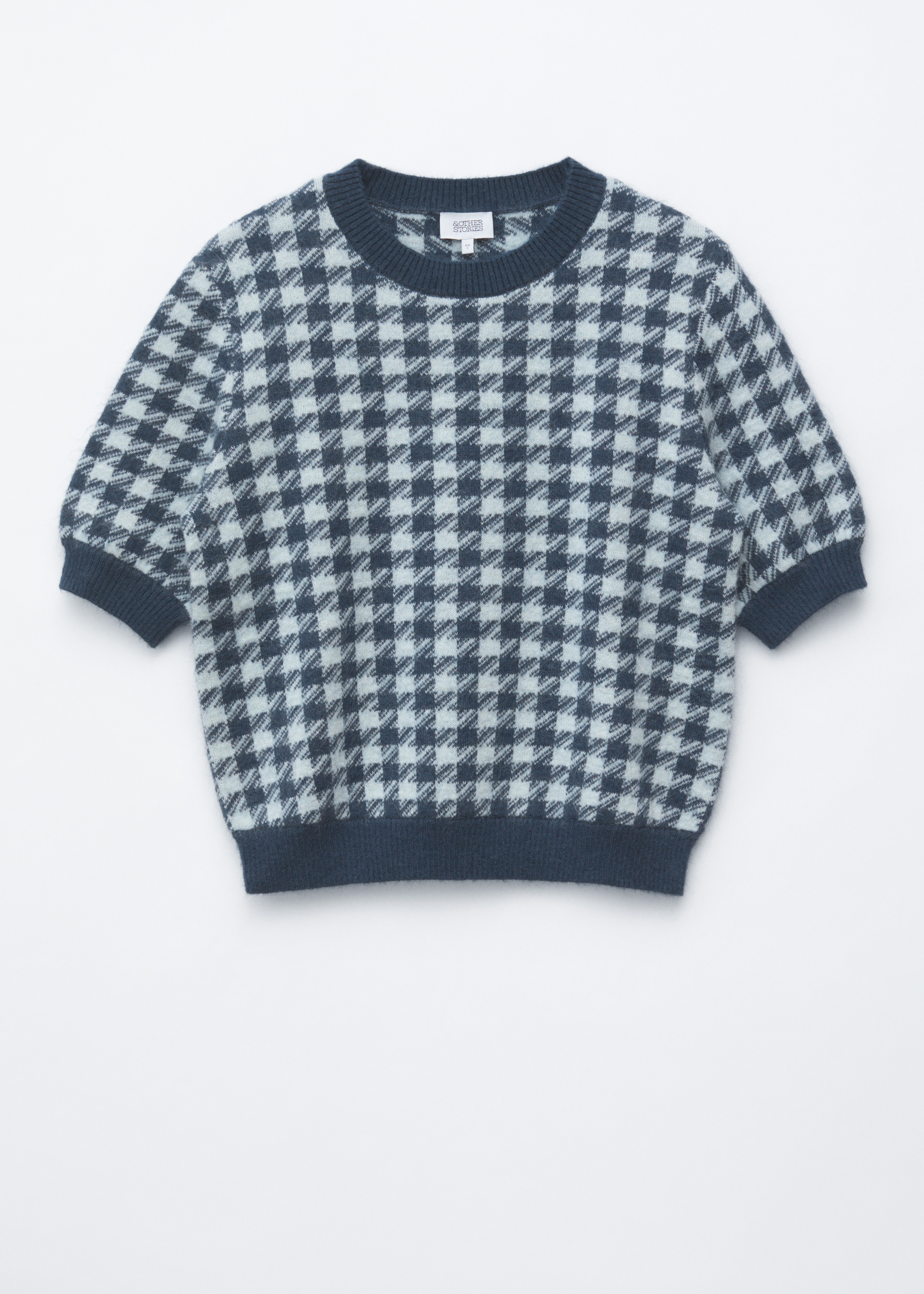 Mohair Blend Top - Dark Blue/Cool Blue/Brown/Yellow Houndstooth