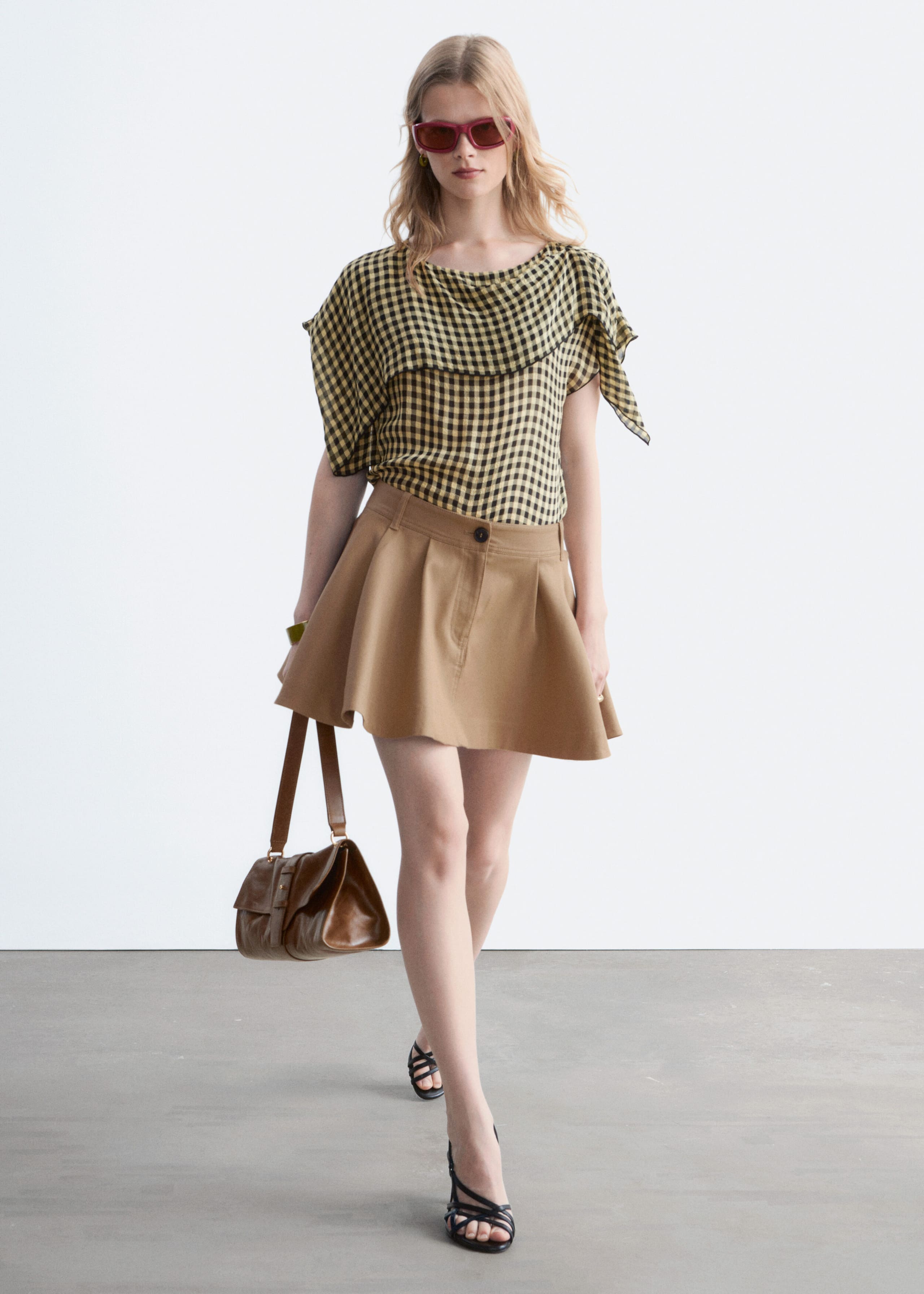 Scarf-Detail Boat-Neck Top - Charcoal/Checked - Lookbook
