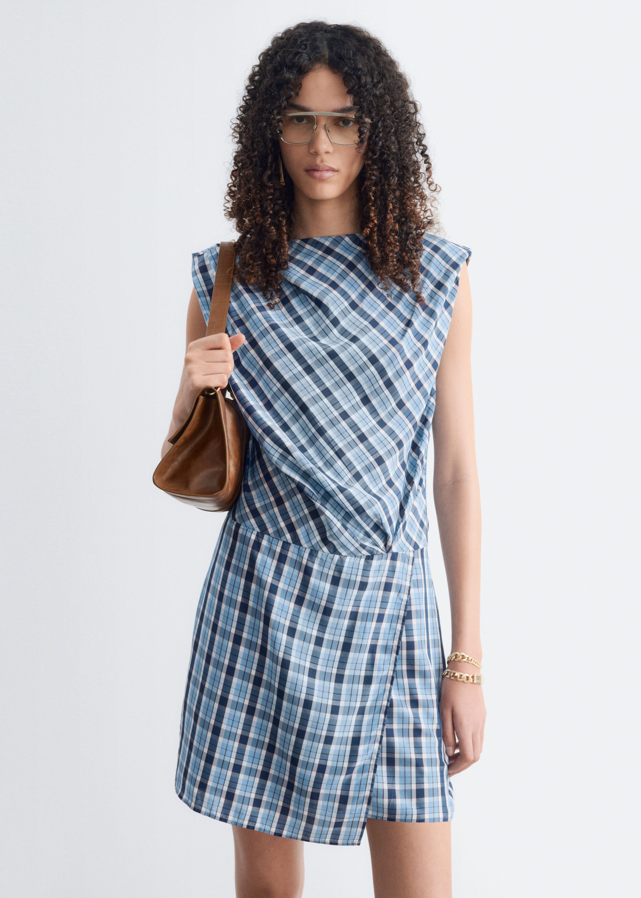 Pleated Jacquard Mini Dress - Blue/Checked - Still Life