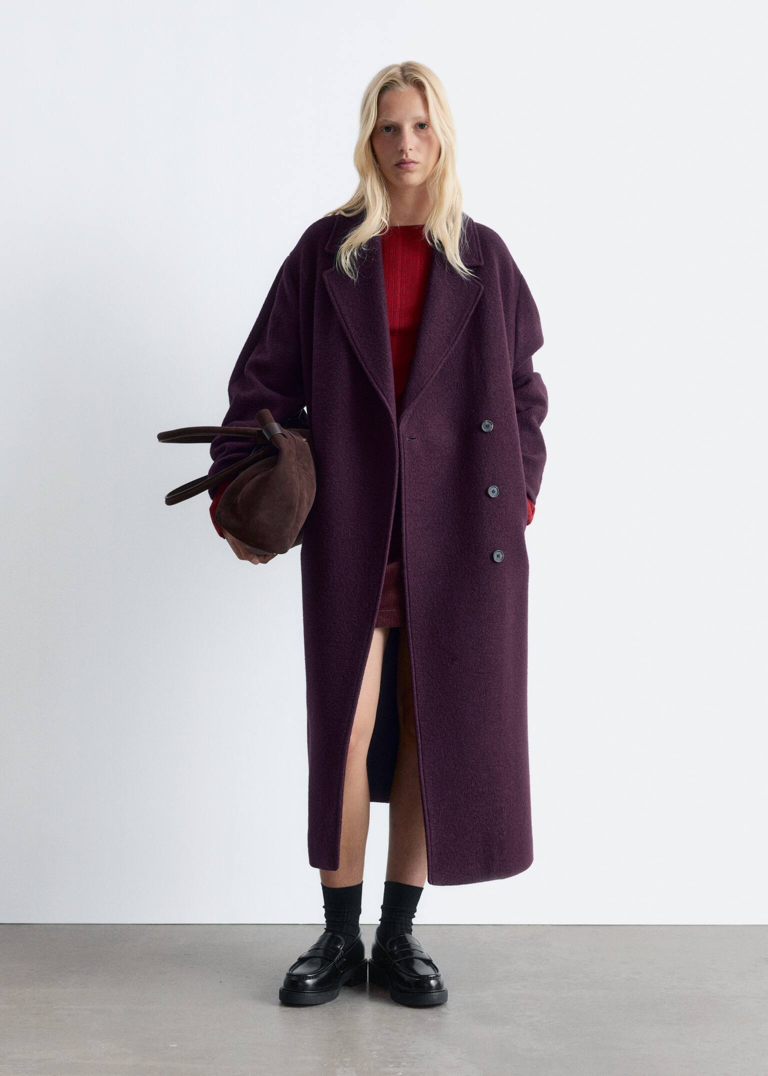 Abrigo voluminoso de lana con cinturón - Violeta oscuro/Negro/Azul marino/Topo oscuro jaspeado