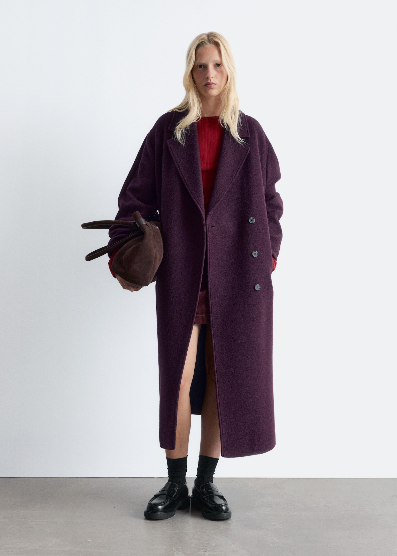 Voluminous Belted Wool Coat - Dark Purple/Dark Mole Melange/Black