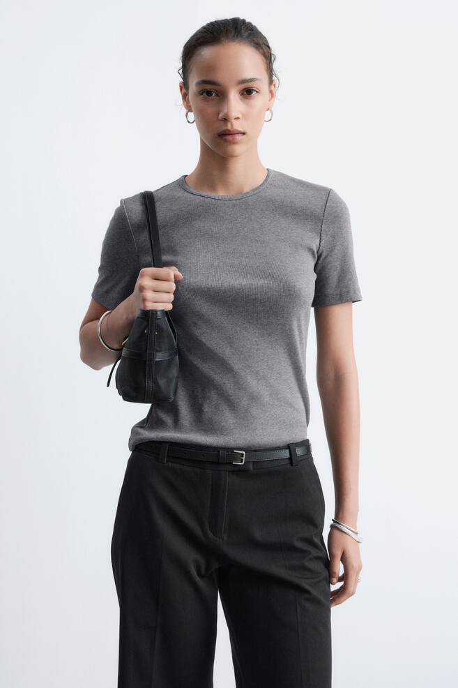 Ribbed T-shirt - Grey Melange/White/Striped/Light Yellow/White - 1