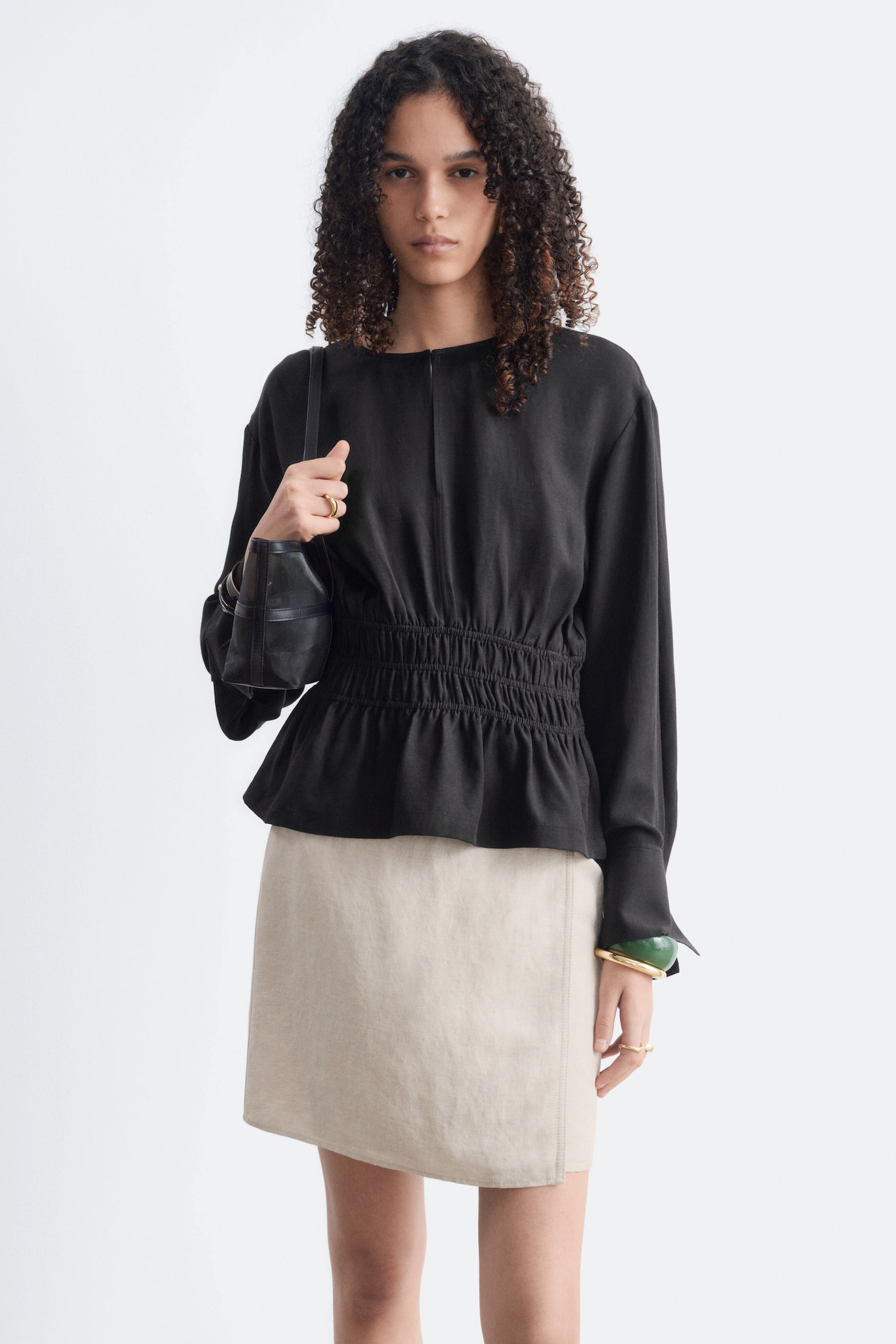 Linnen blouse met gesmokte taille - Zwart/Gebroken wit - 1