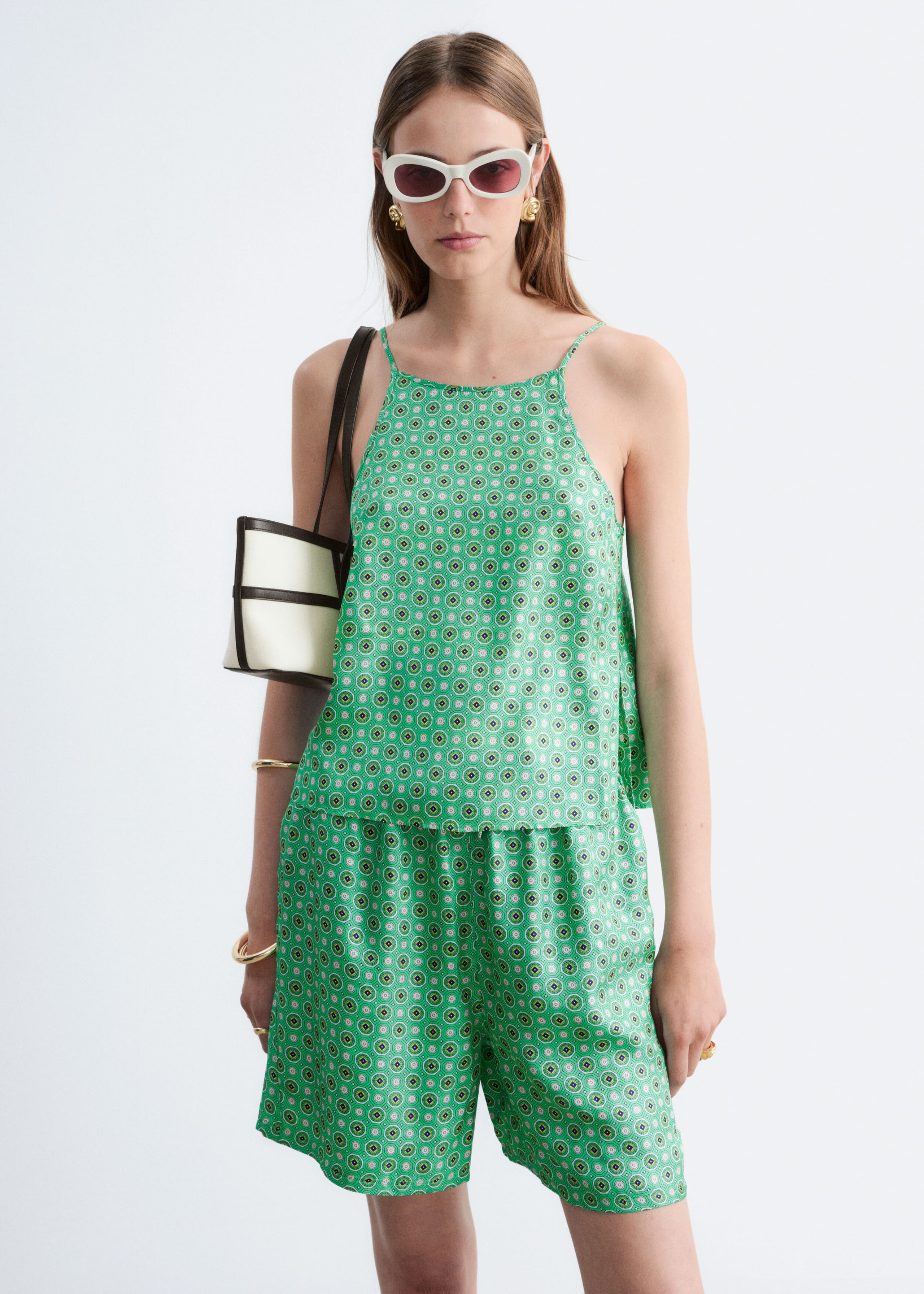 Short en soie à cordon de serrage - Vert/Imprimé - Lookbook
