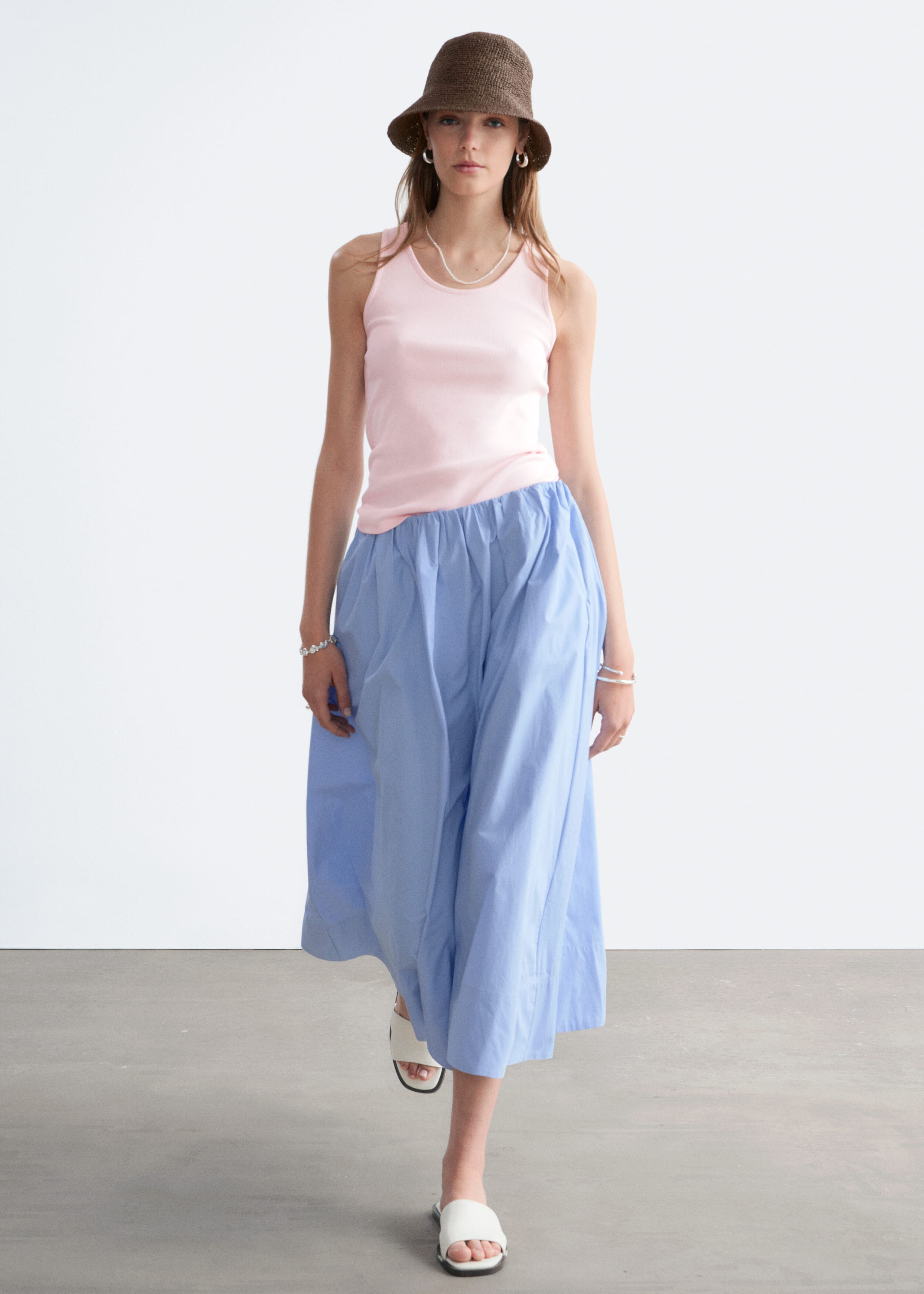Cotton Midi Skirt - Light Blue - Lookbook