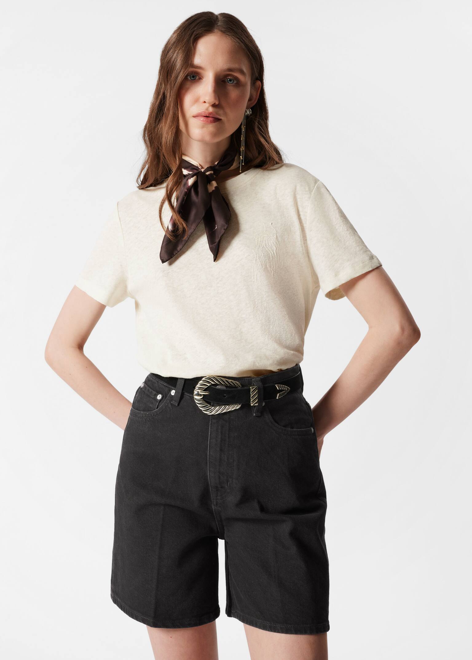 Linen-Blend T-Shirt - Krém/Sötétszürke