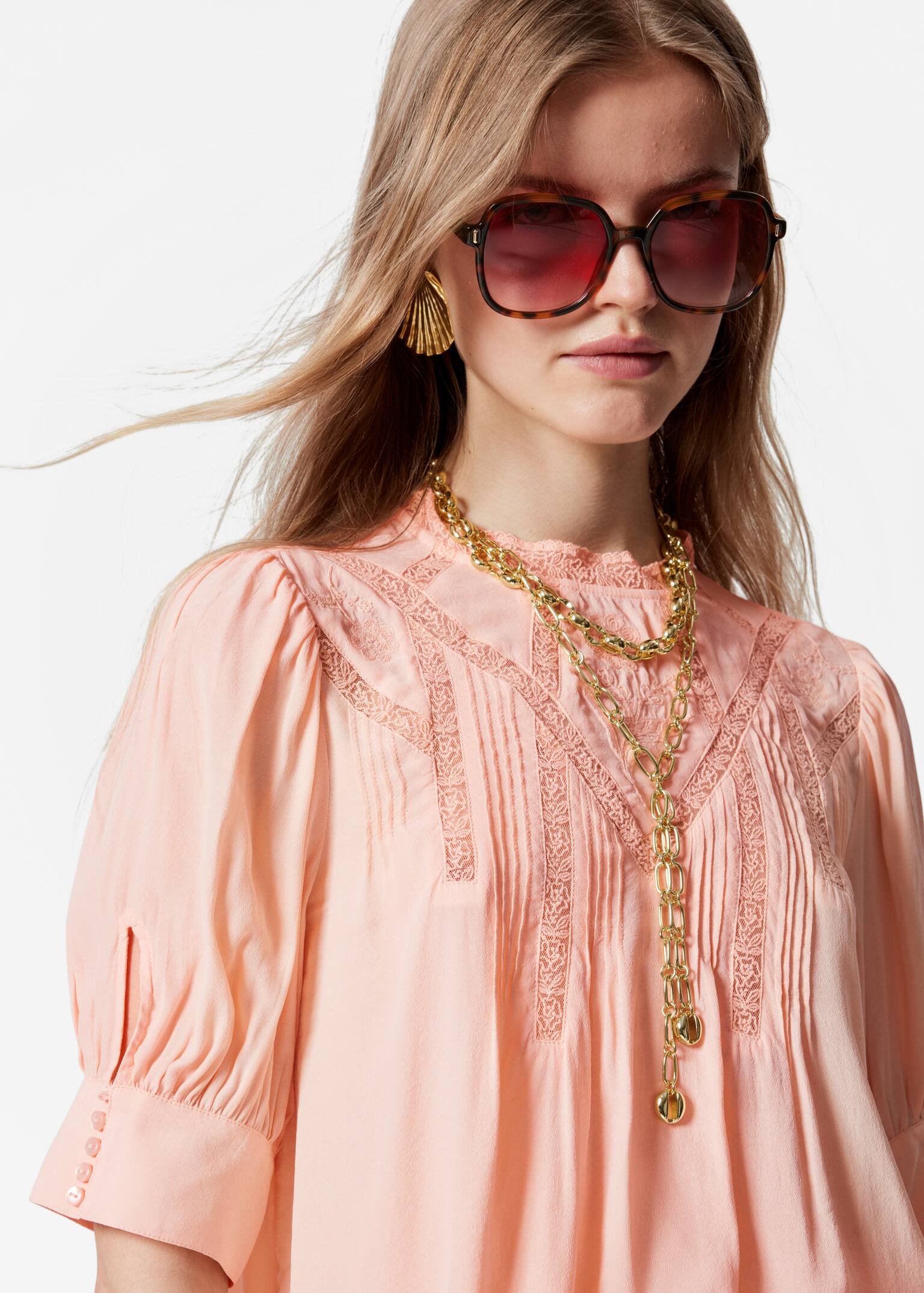 Blusa in pizzo ricamata - Pesca/Nero/Stampa floreale/Nero - 4