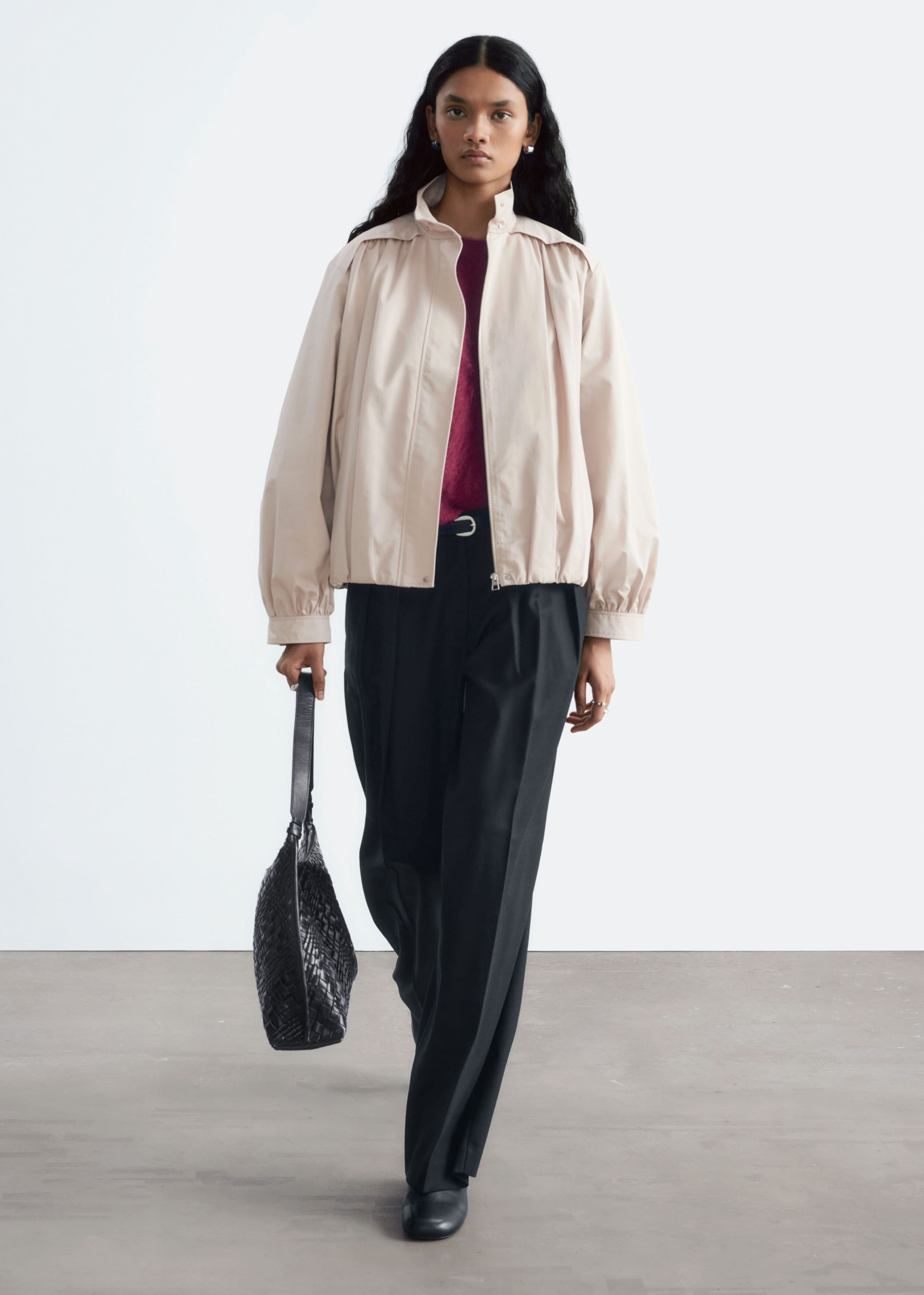Gathered Stand-Collar Jacket - Beige - Lookbook