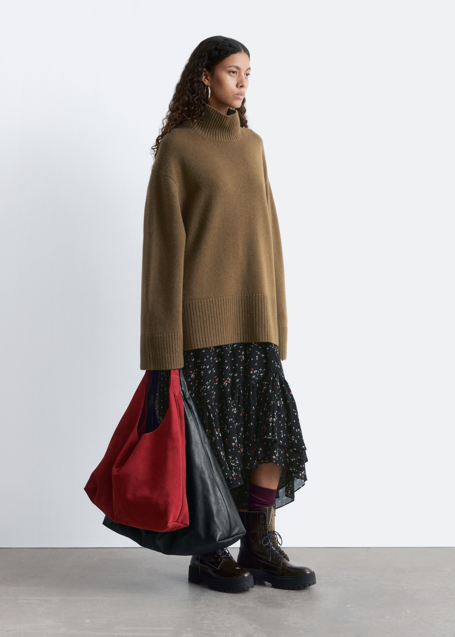 Oversized Turtleneck Wool Jumper - Barna/Sötét vakond/Bordó