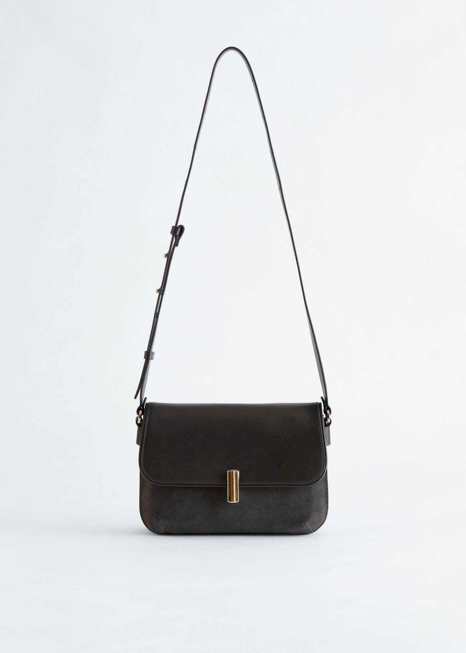 Bolso bandolera de dos tipos de piel - Negro/Beige grisáceo oscuro