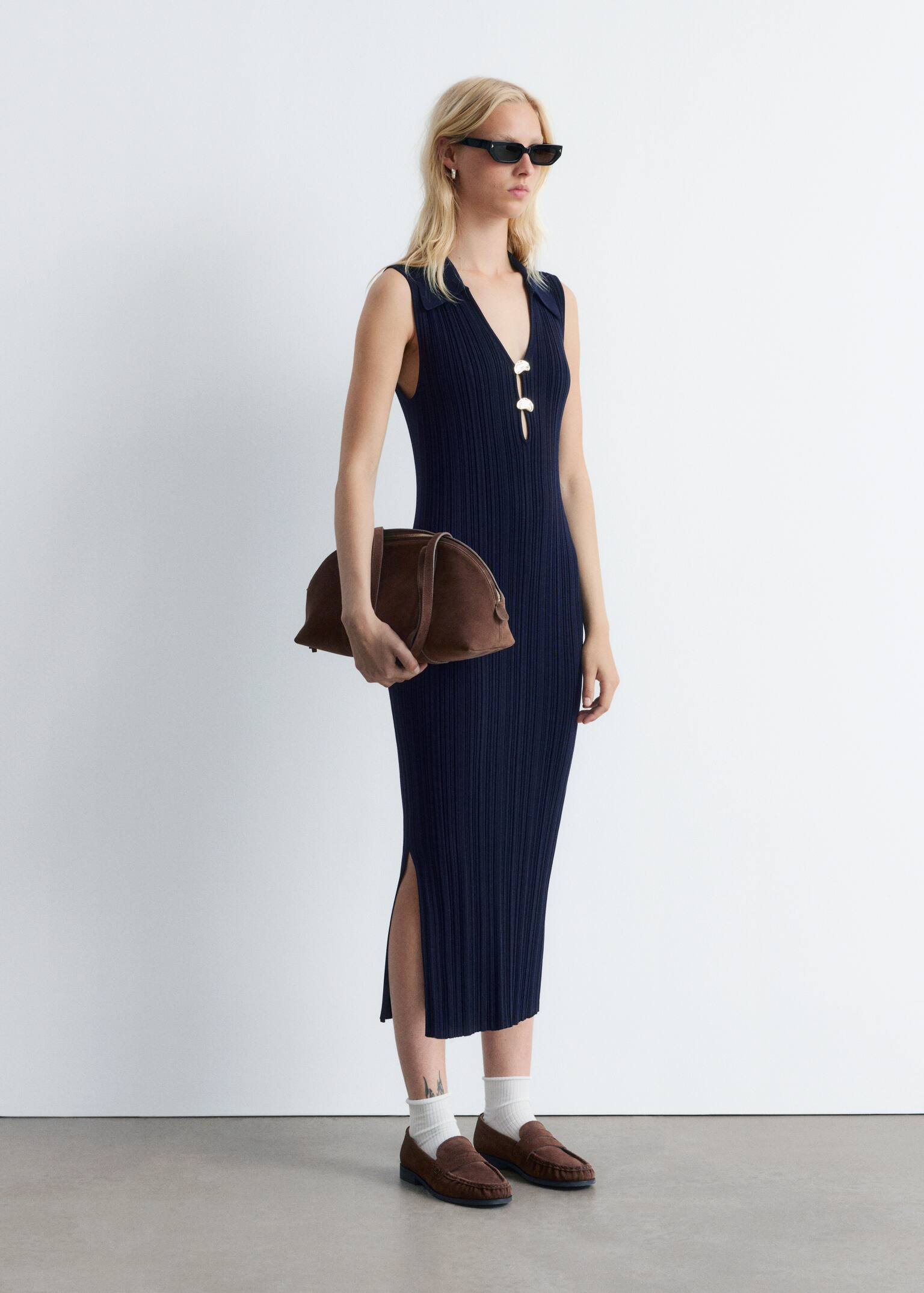 Rib-Knit Collared Midi Dress - Albastru închis - 3