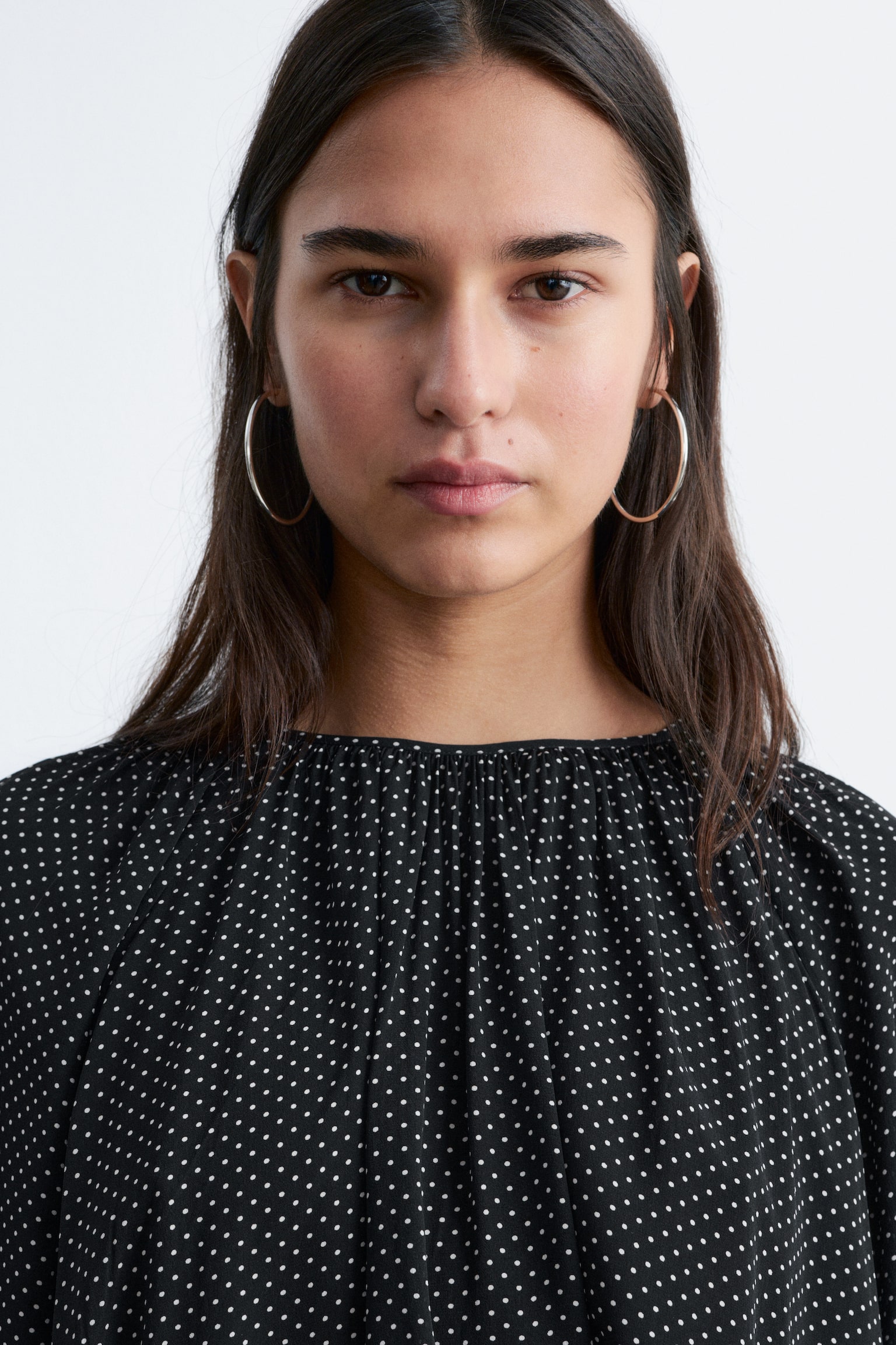 Μπλούζα με Φουσκωτά Μανίκια - Μαύρο Πουά/Σκούρο Μπλε - 4