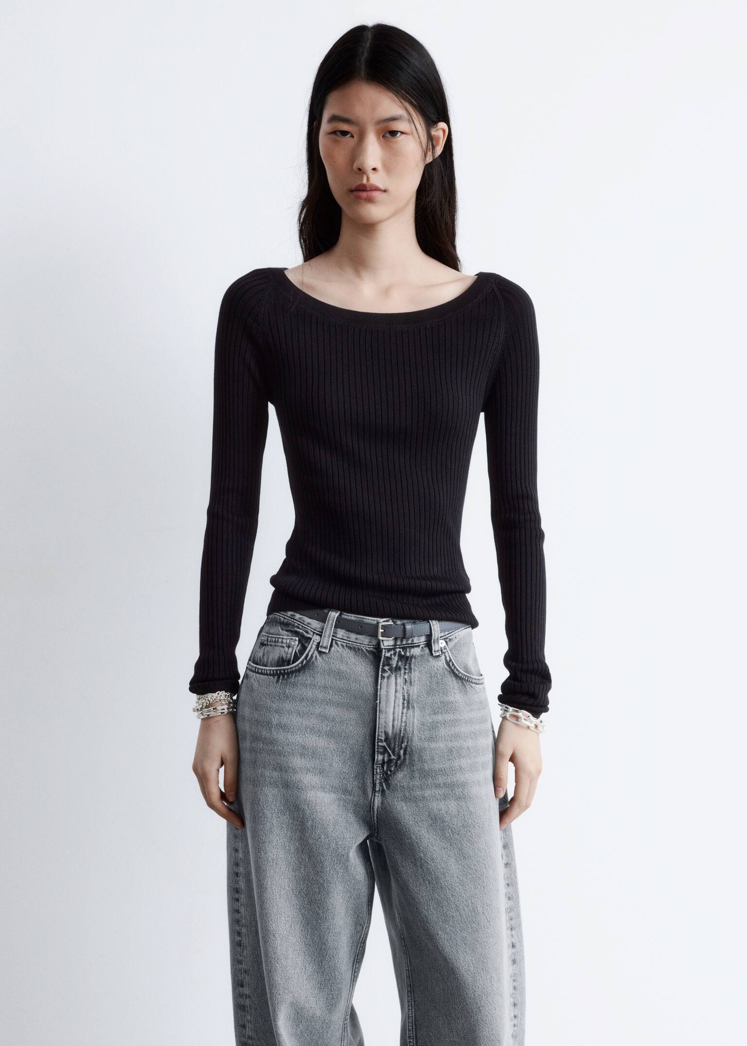 Boat-Neck Rib-Knit Top - שחור - 6