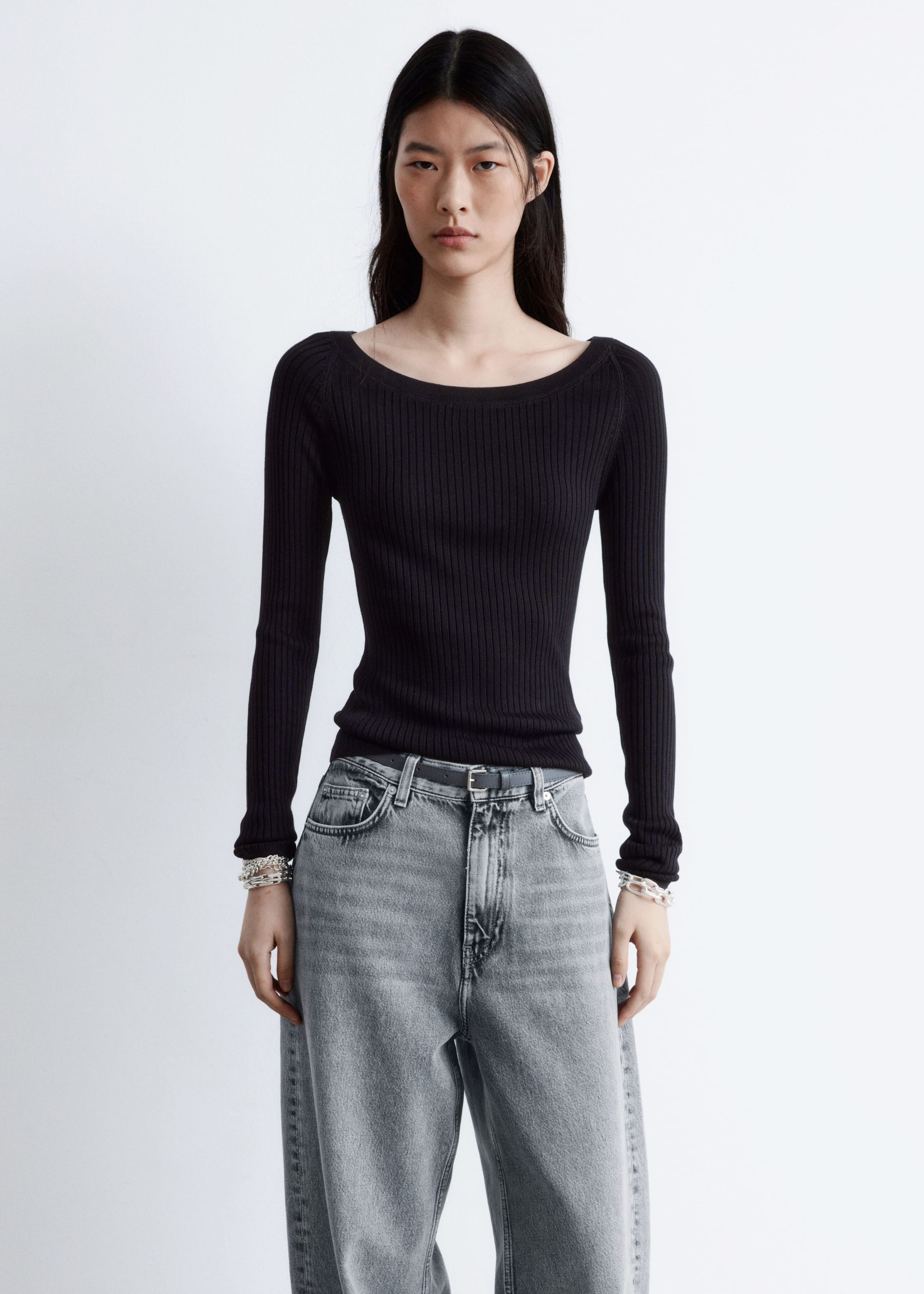 Image of Boat-Neck Rib-Knit Top
