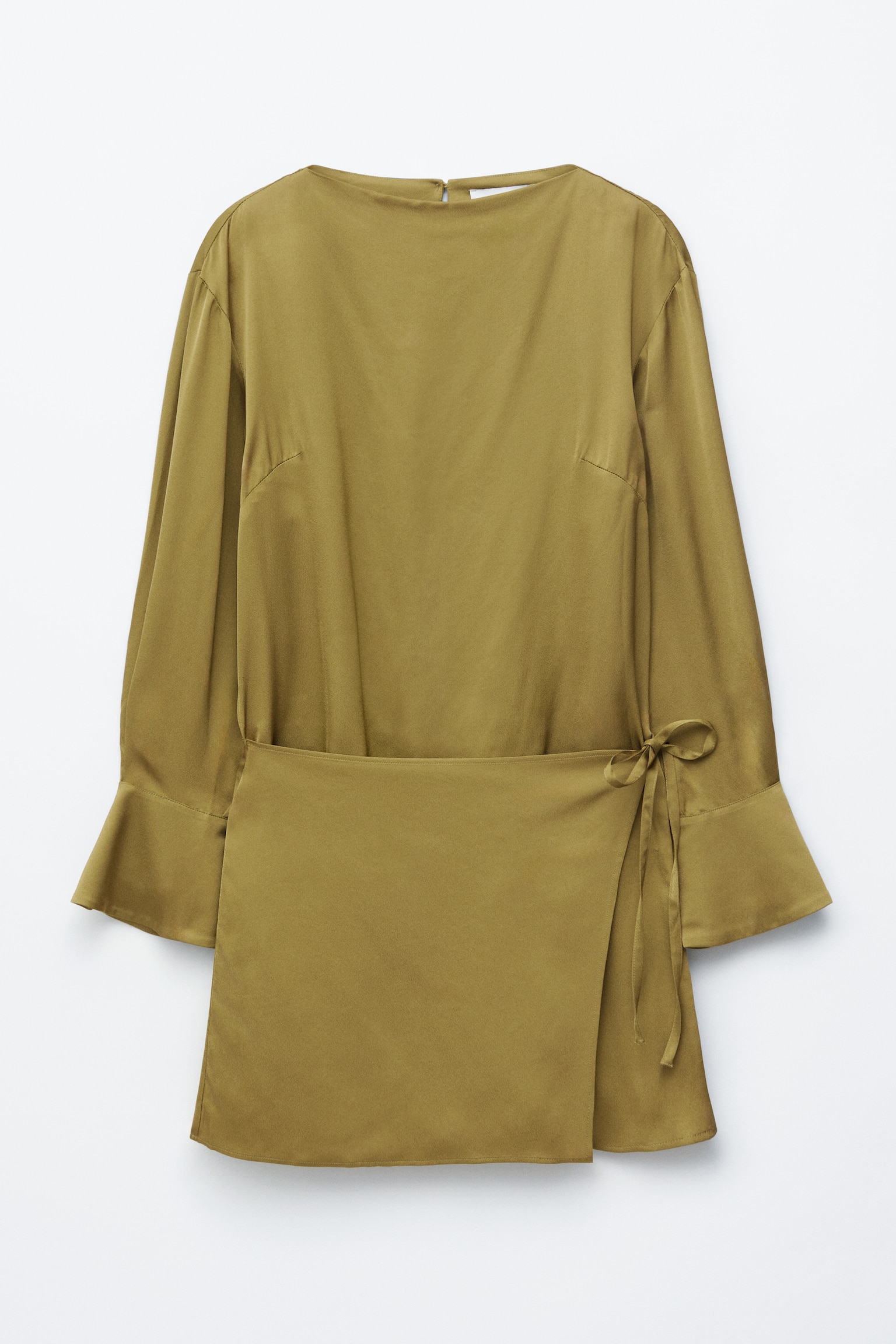 Minikjole i satin med bindebånd - Grøn/Mørkebrun/hvide prikker - 2