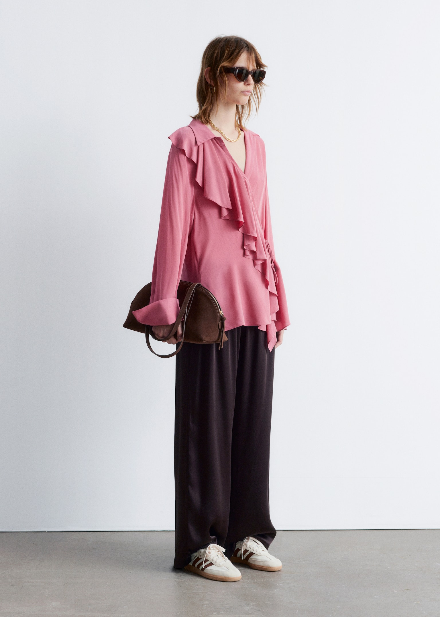 Ruffle Wrap Blouse - Dark Pink/Light Yellow