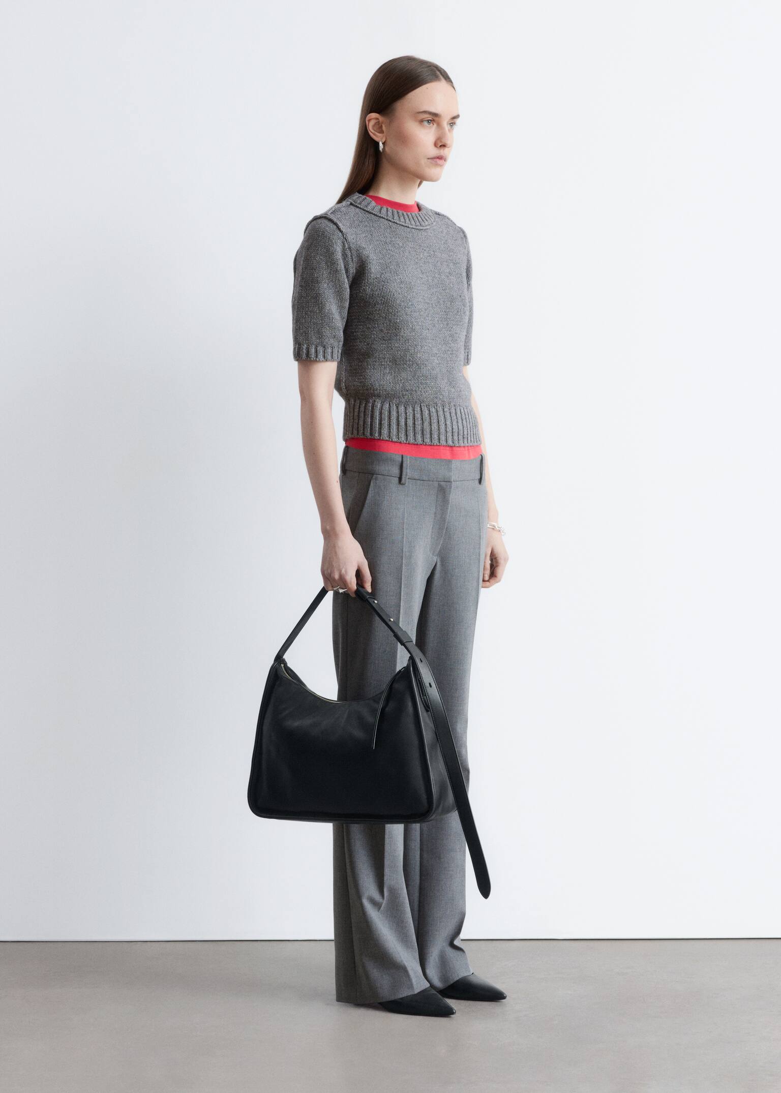 חולצת טי סרוגה מבד צמר מעורב - אפור מלנג' כהה/לבן - 3