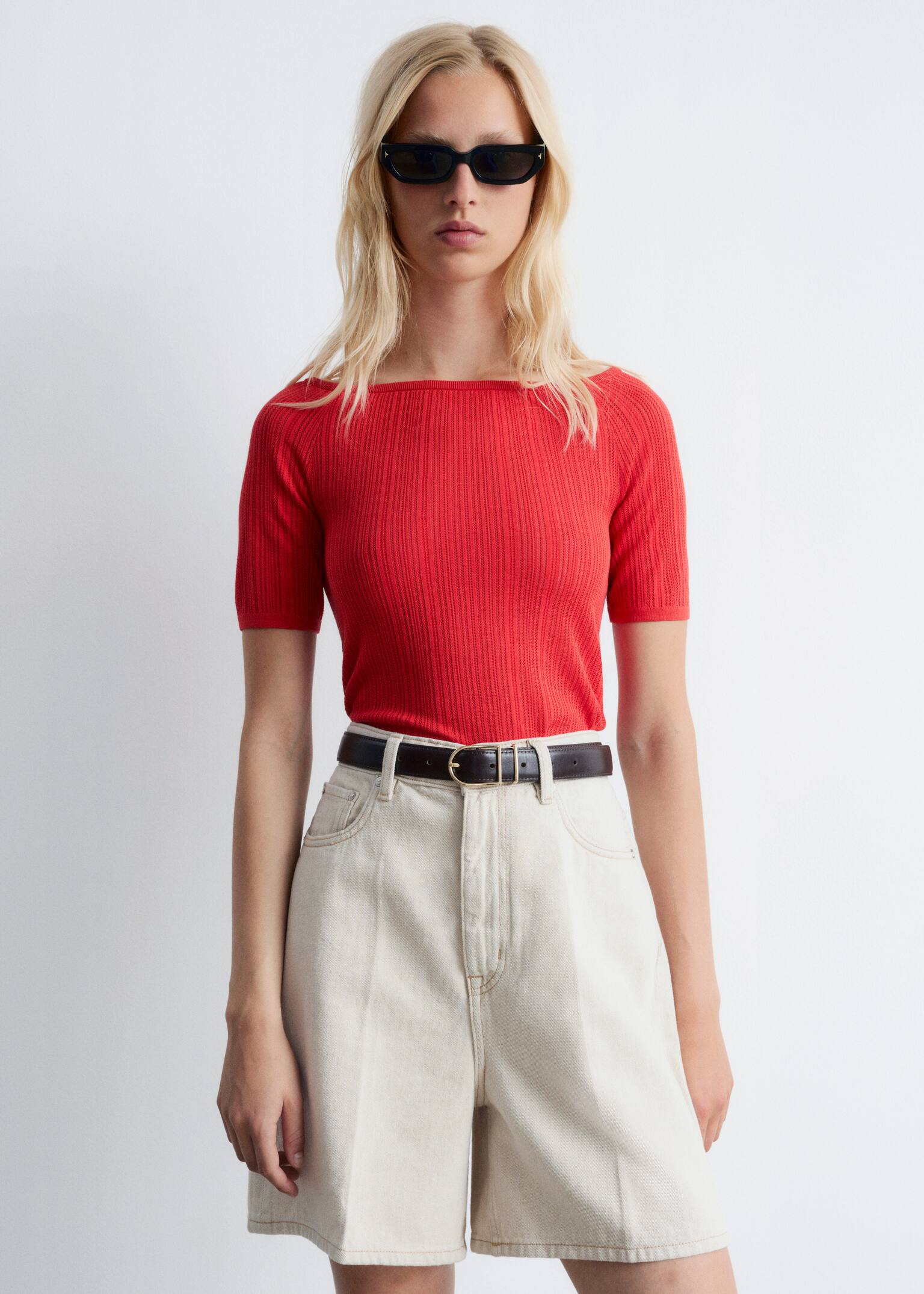 Rib-Knit Off-Shoulder Top - Rød - 5