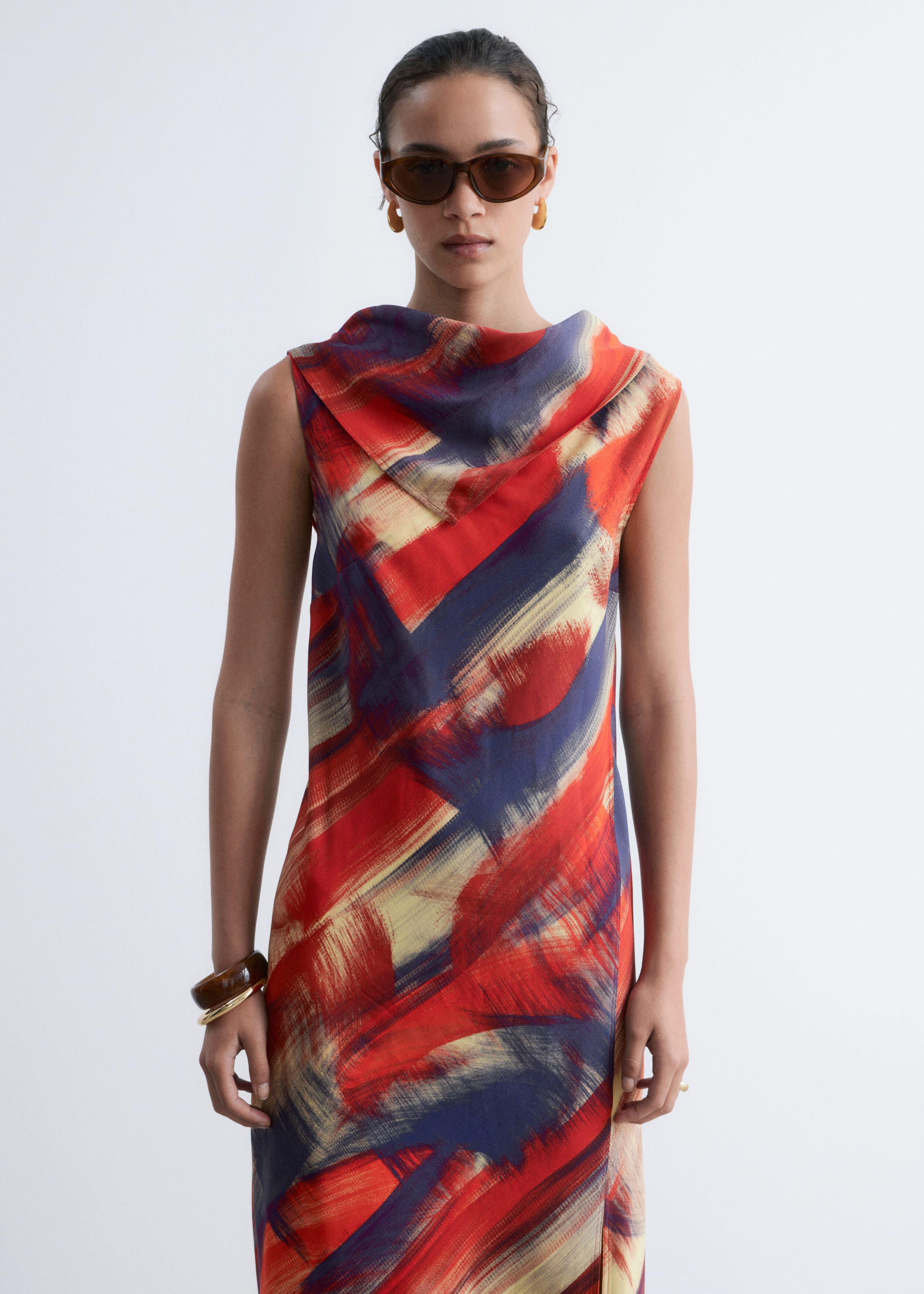 Scarf-Detail Midi Dress - Red/Print - Lookbook