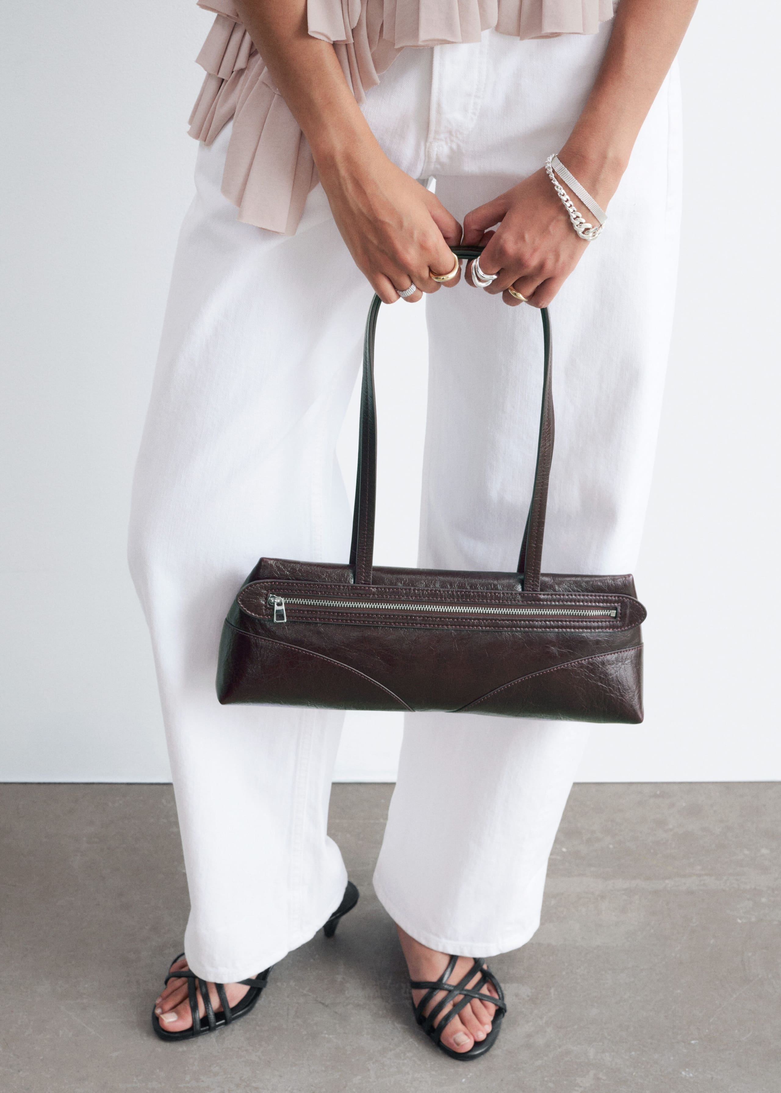 Slim Leather Shoulder Bag - Dark Brown - Still Life