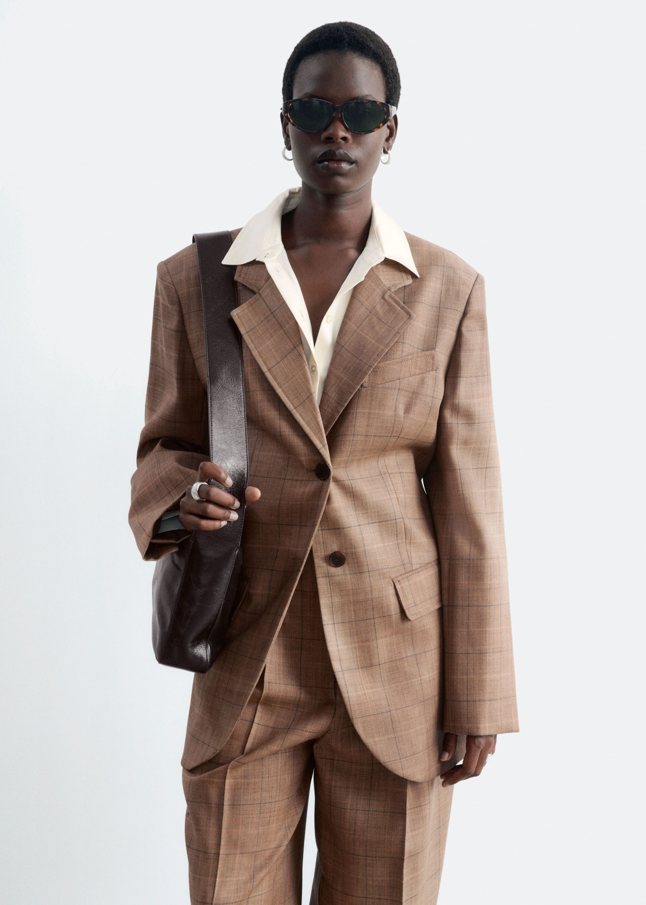 Single-breasted wollen blazer - Donkerbeige/geruit - Lookbook
