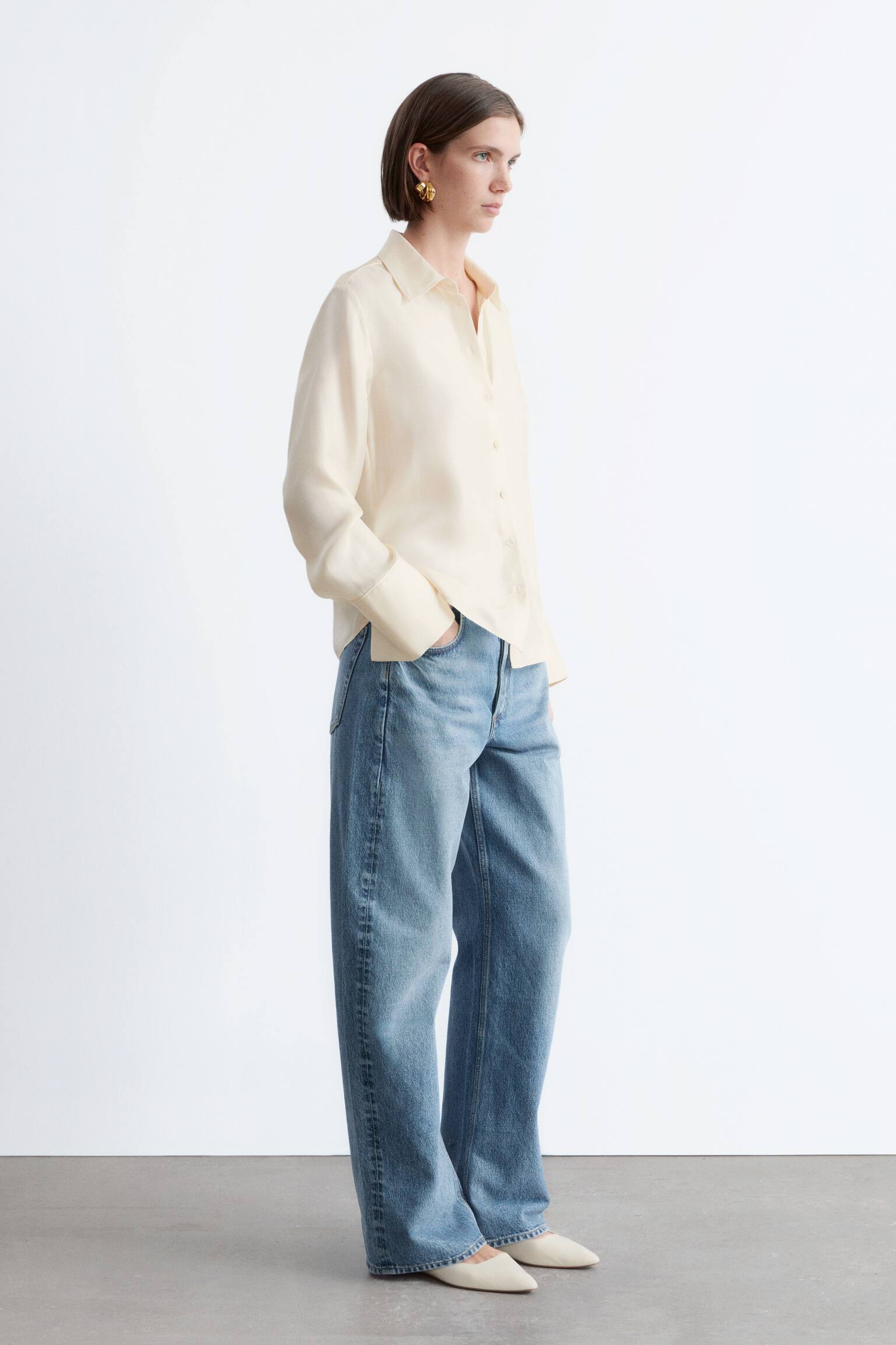 Ruimvallend zijden overhemd - Crème/Donkerblauw - 5