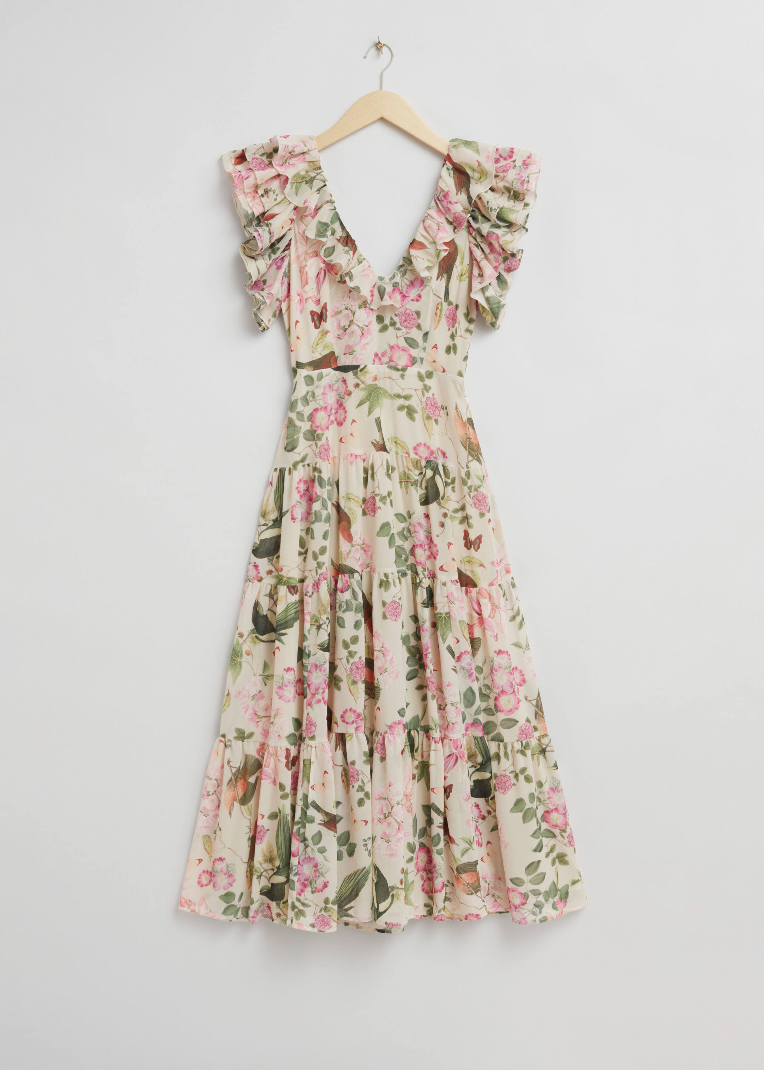 RuffleDetailVoluminousTieredDress - Yellow Floral Print - Bodegón