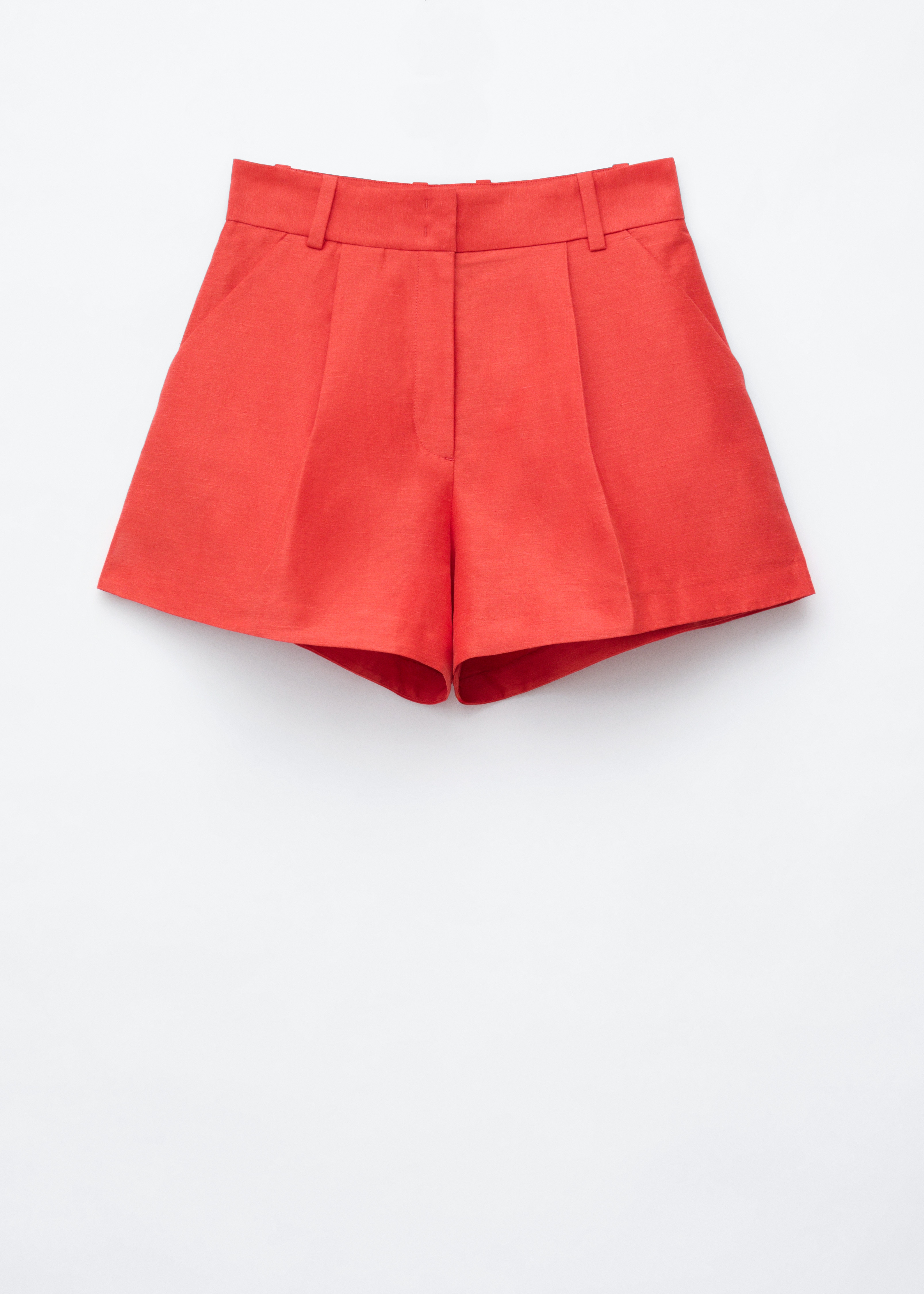 Shorts in misto lino a pieghe - Rosso/Beige