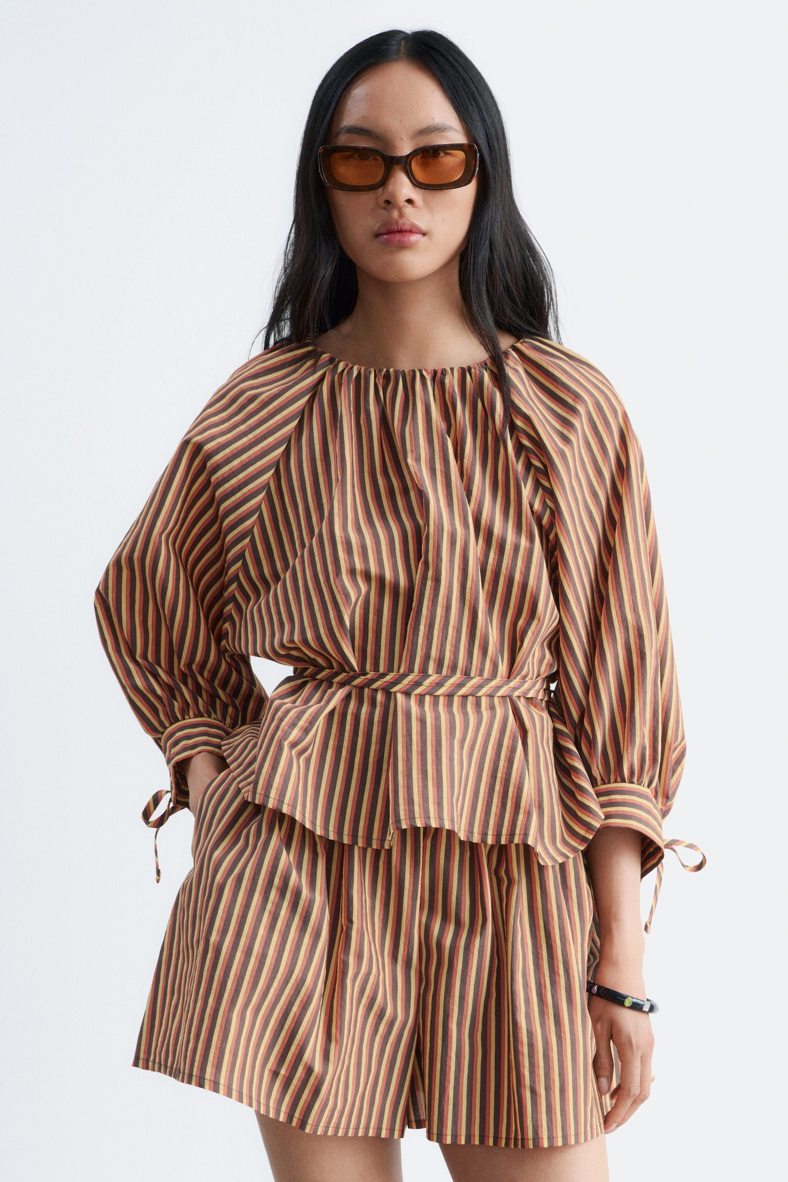 Blouse met trekkoord aan de manchetten - Bruin/gestreept - 1