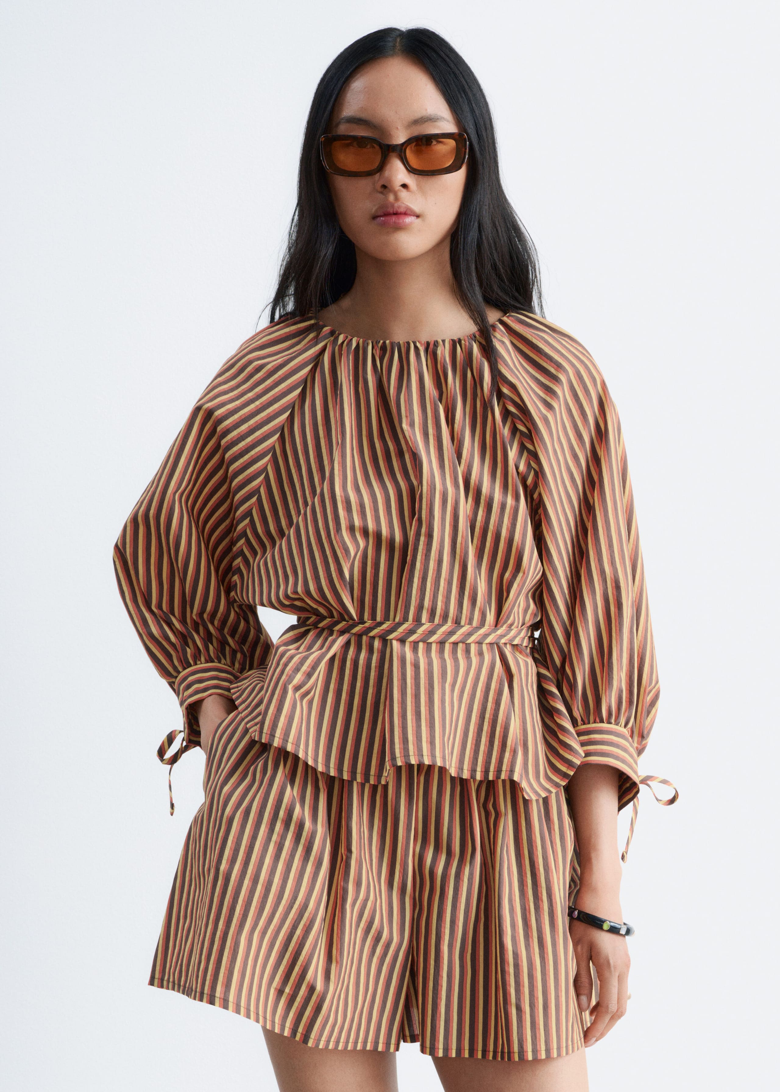 Blouse à cordons de serrage aux poignets - Brun/Rayé - Lookbook