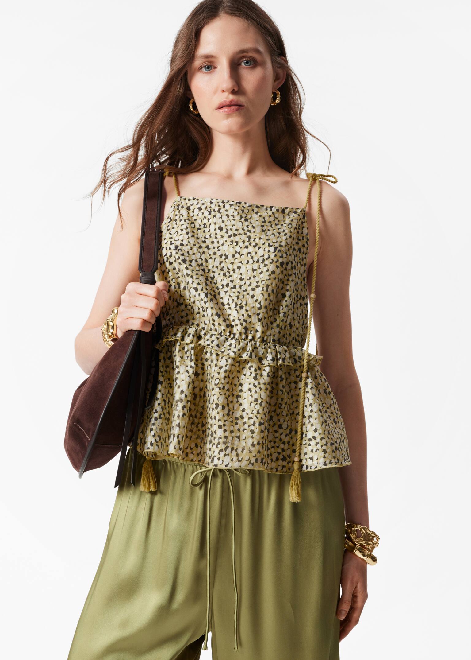 Peplum fodros pántos top - Absztrakt minta/Narancssárga