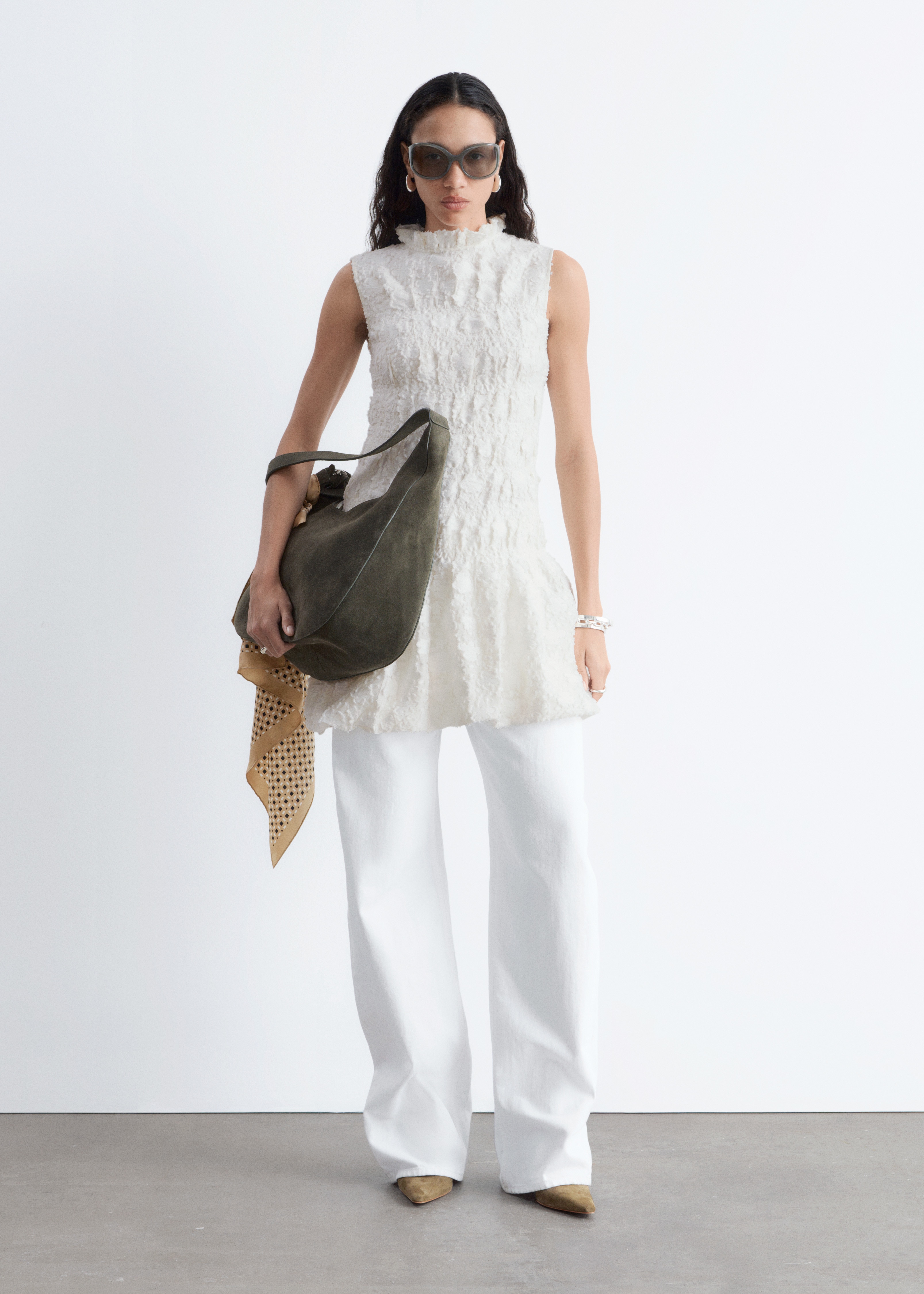 Mini abito con lavorazione smock - Bianco/Giallo