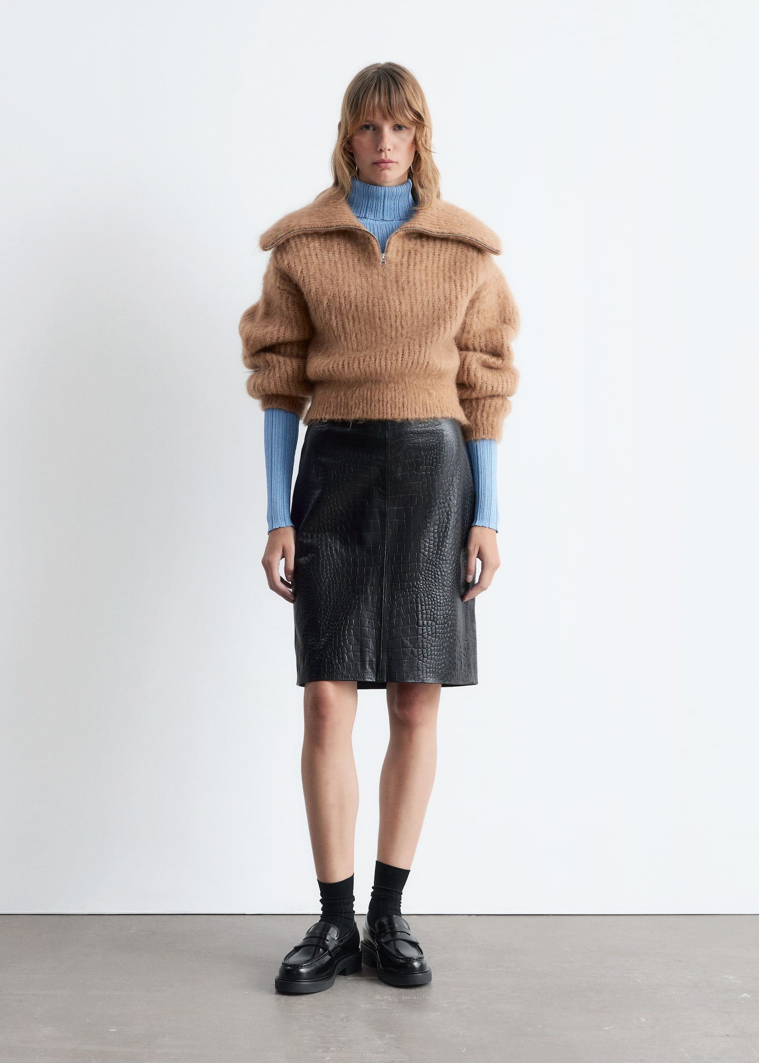 Rib-Knit Zip-Up Sweater - Beige - 4