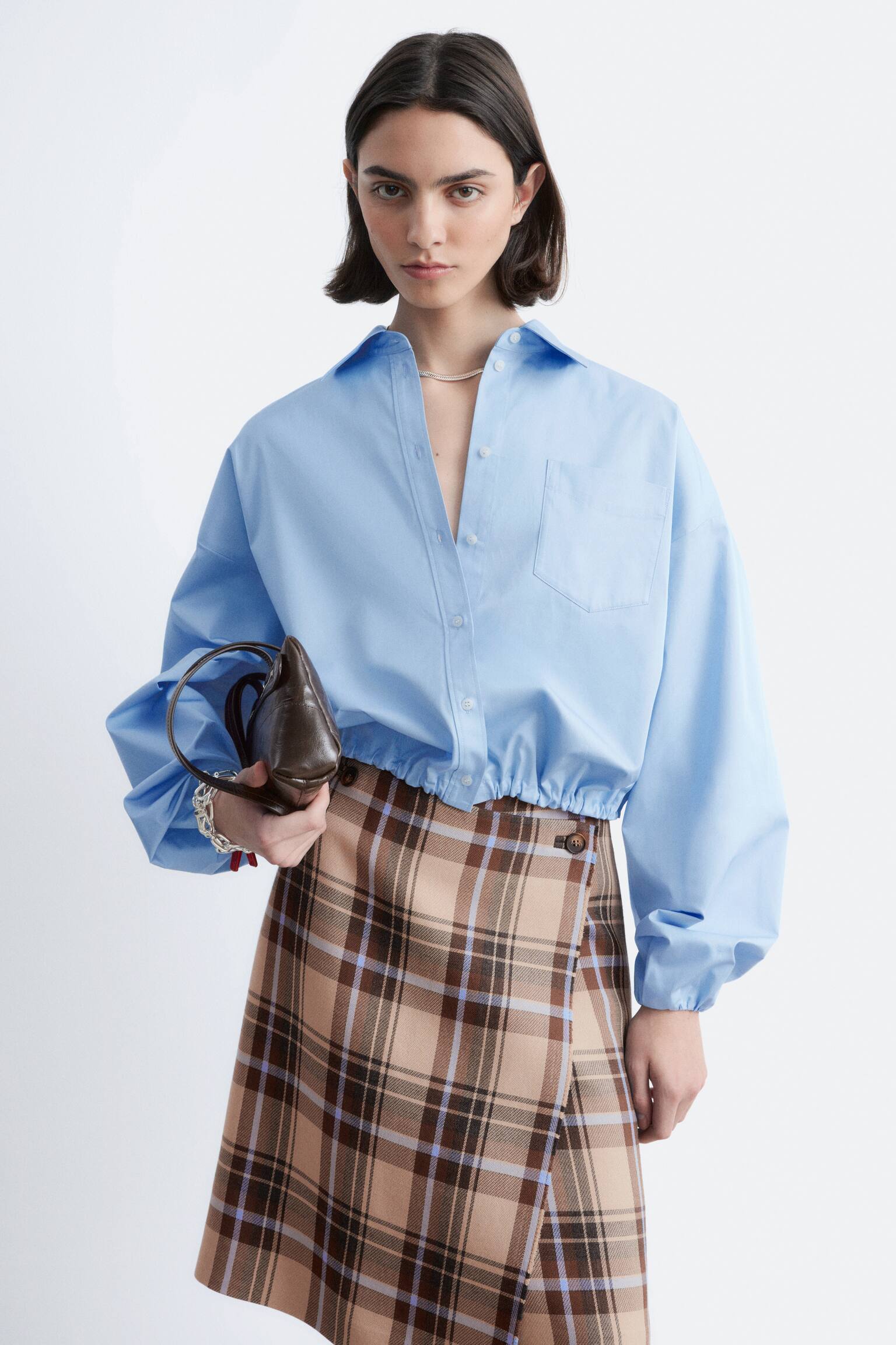 Camicia cropped con coulisse - Azzurro/Nero - 1