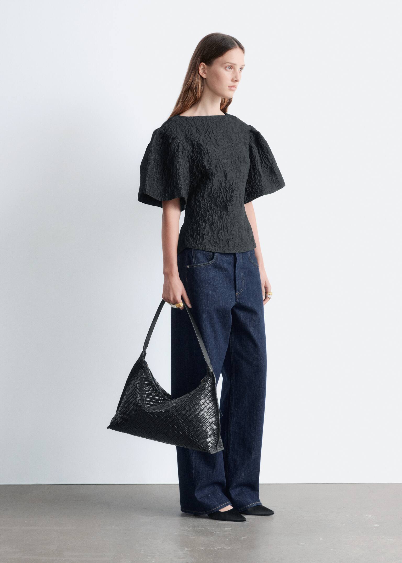 Jacquard Puff-Sleeve Top - Black - 5