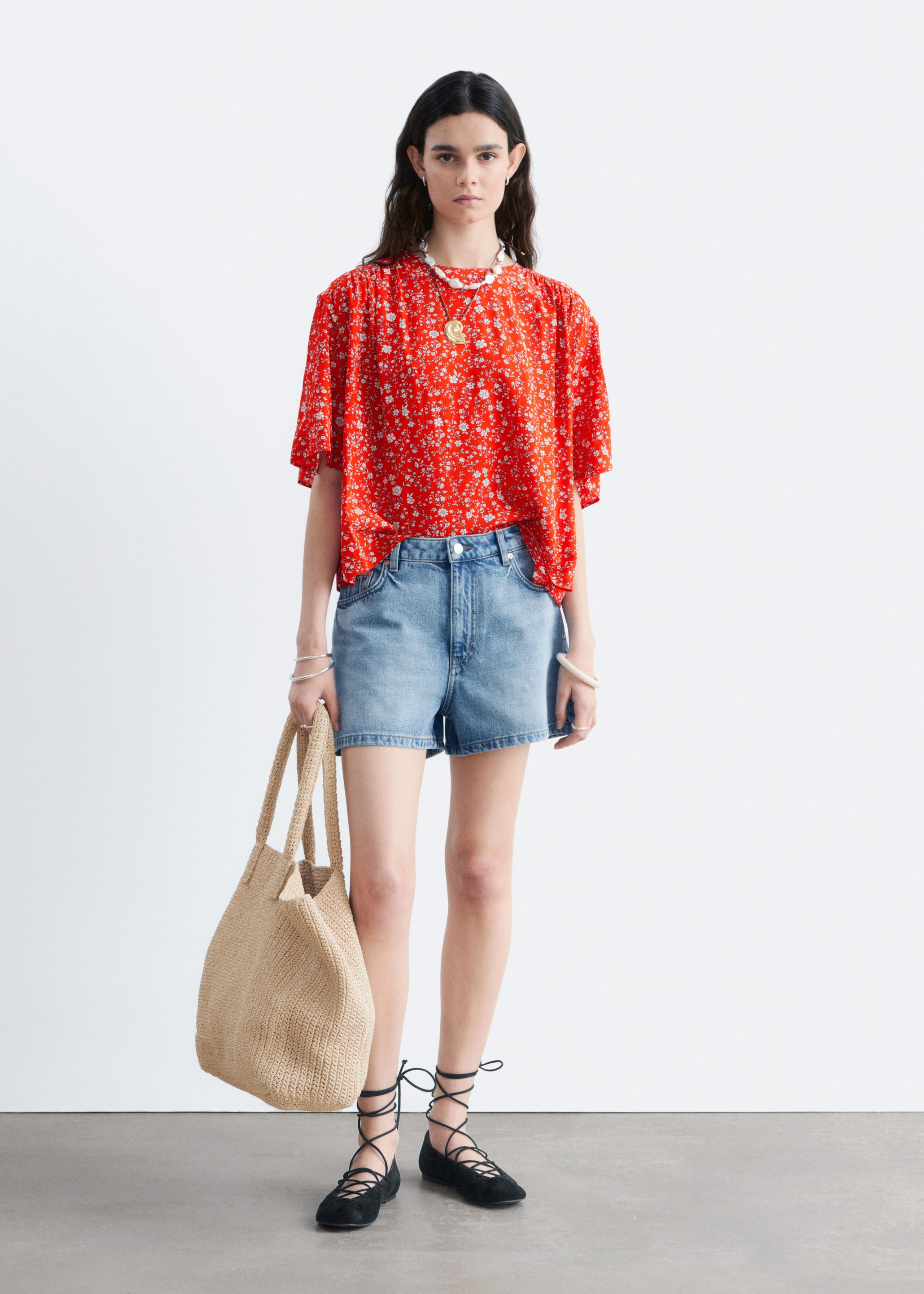 Gathered Crepe Blouse - Red/Floral - Lookbook