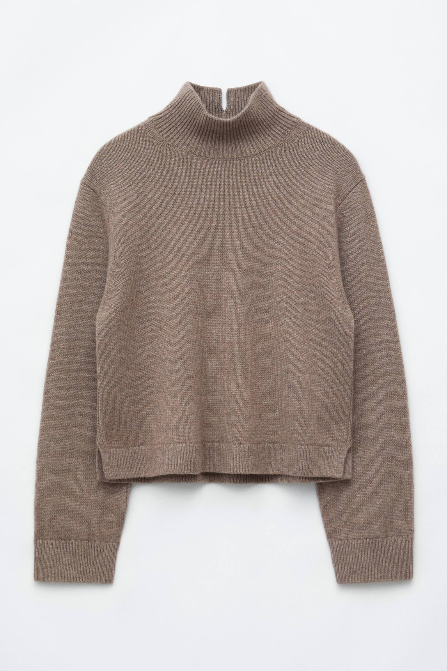 Jumper i uld og kashmir med mockneck - Mørk gråbrun/Rød/Sort
