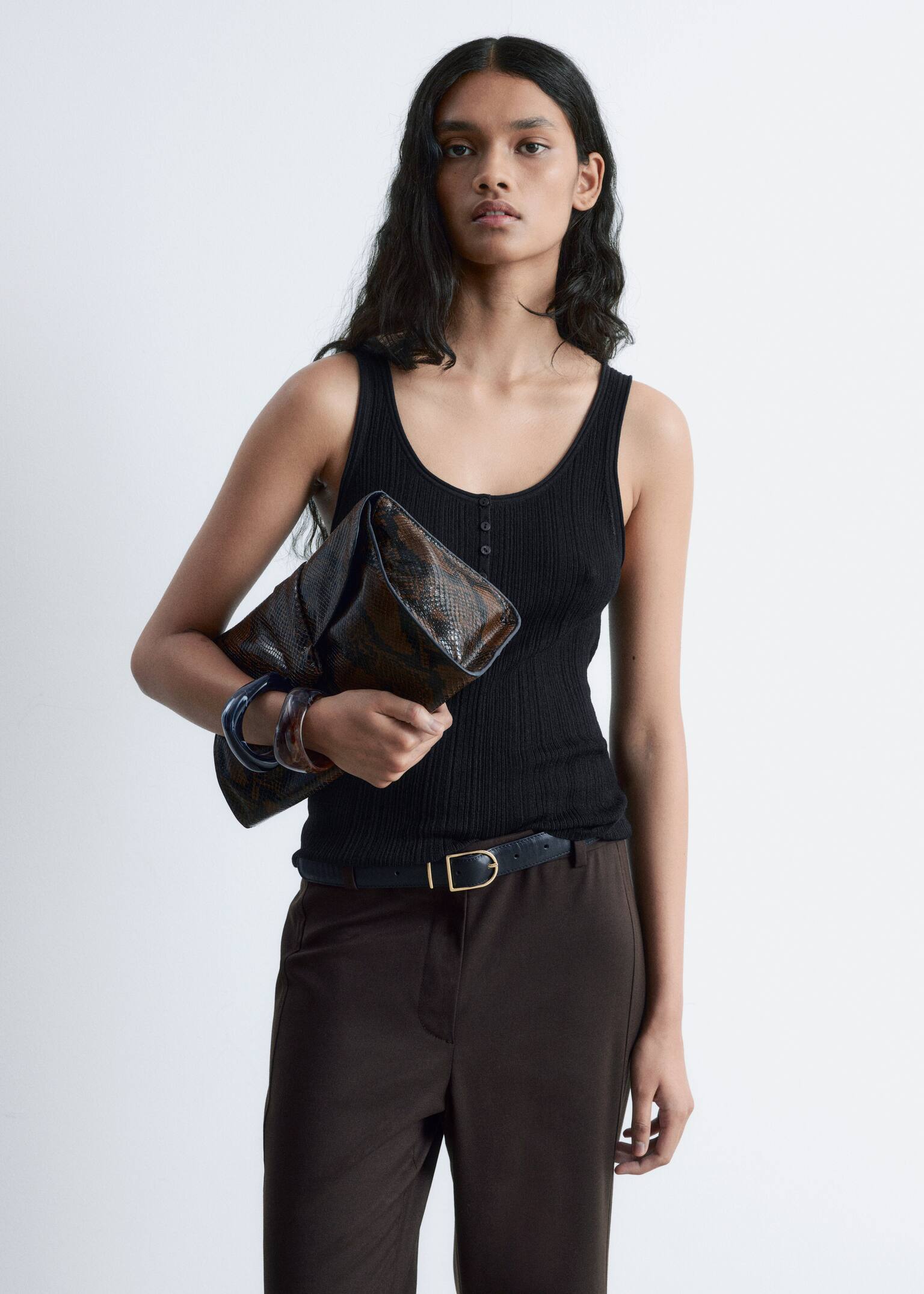 Scoop-Neck Rib-Knit Tank Top - Black/Olive Brown/Dark Brown
