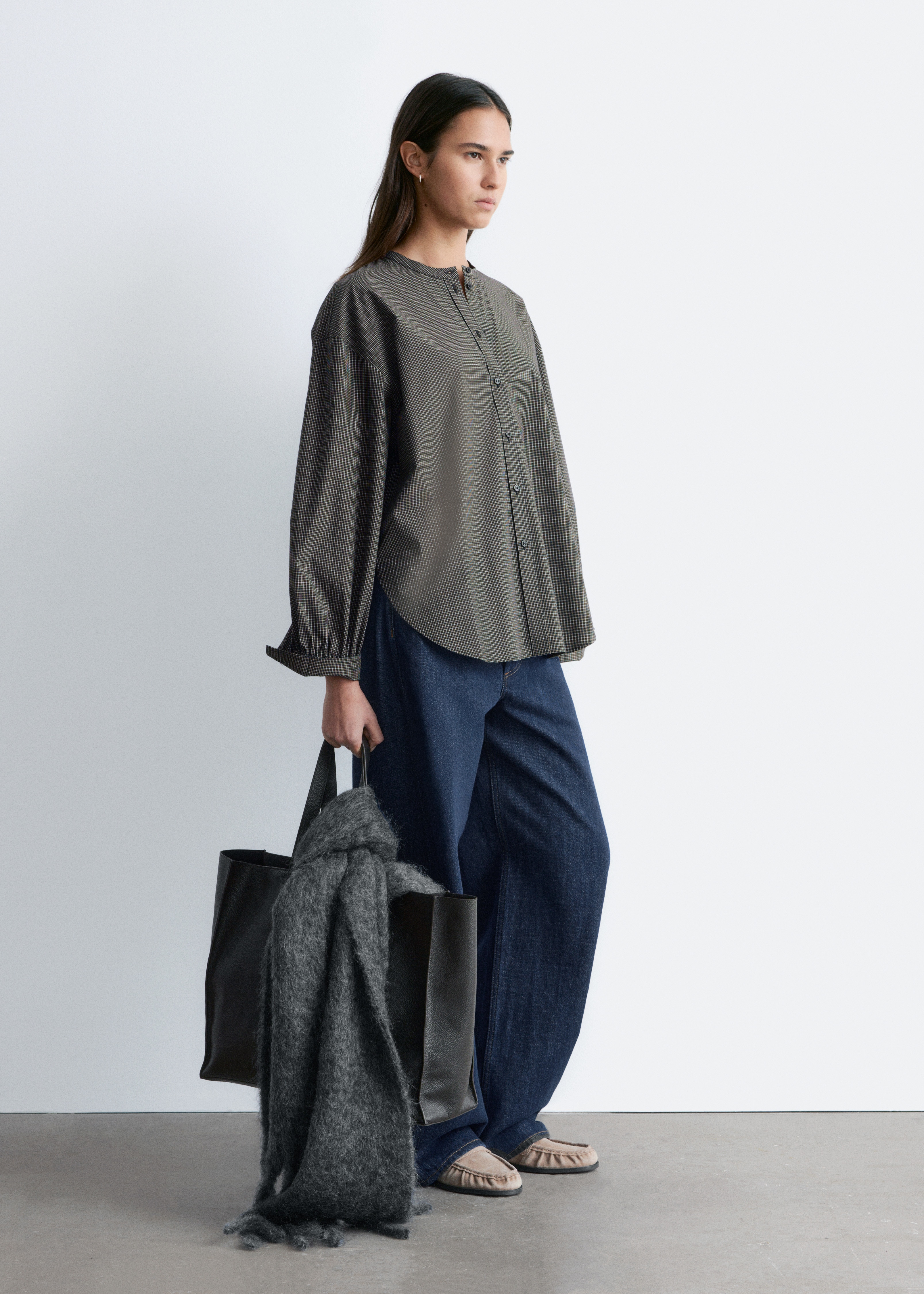 Oversized bomuldsskjorte - Sort ternet/Hvid/Blå/ternet