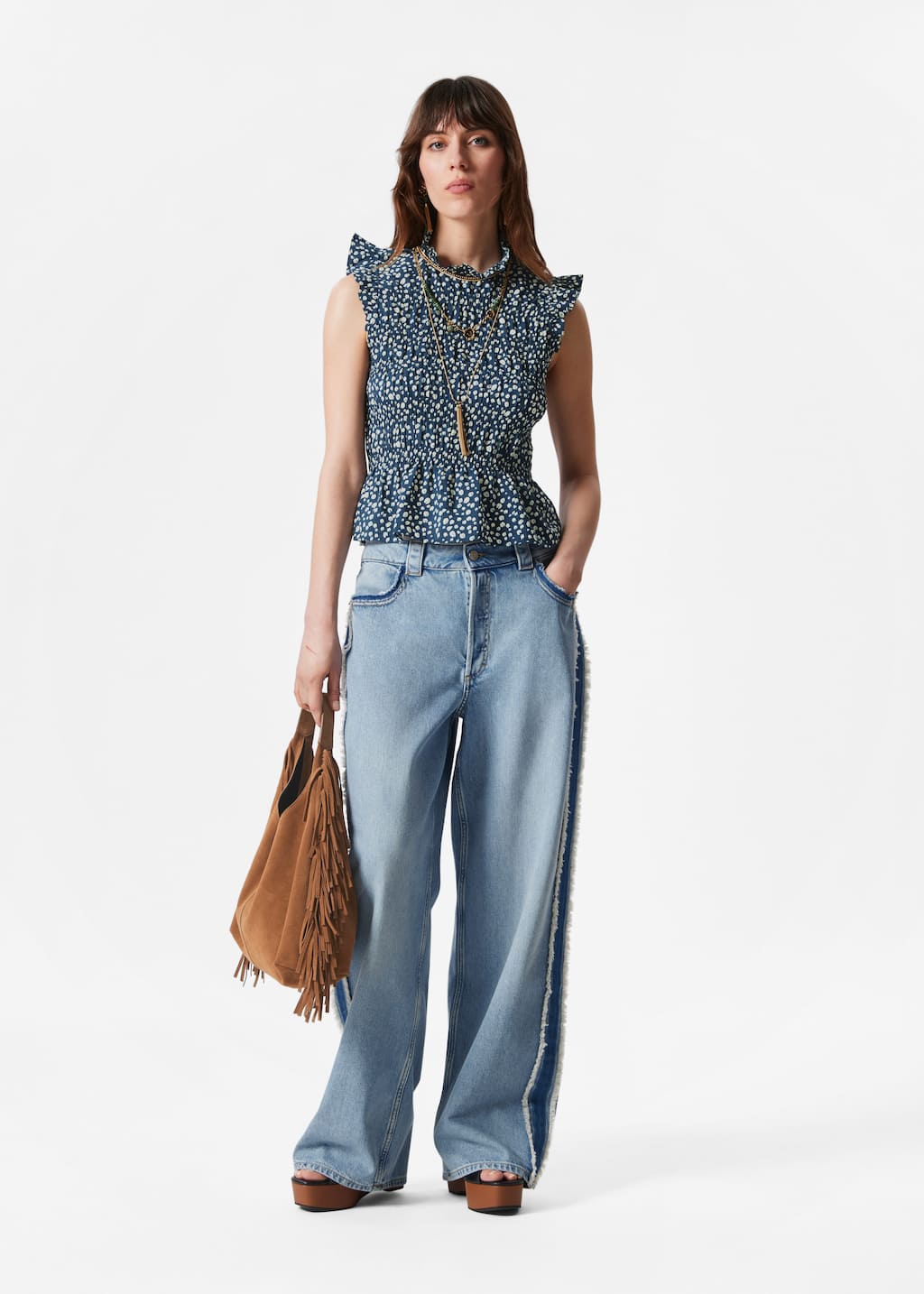 Top de volantes fruncido con nido de abeja - Estampado azul oscuro - Lookbook
