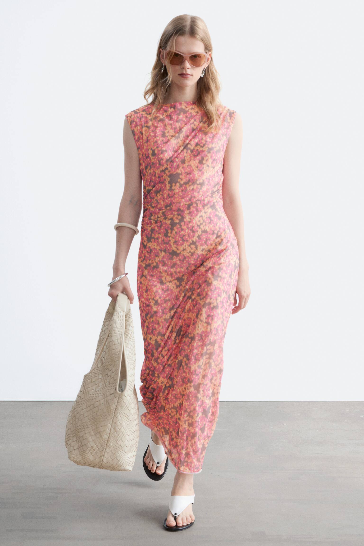 Sleeveless Draped Dress - Pink/Florals/Yellow/Printed/Dark Brown - 1