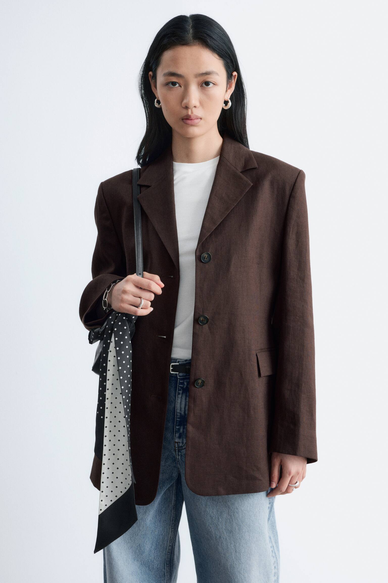 Figursyet blazer i hør - Brun/Beige - 11