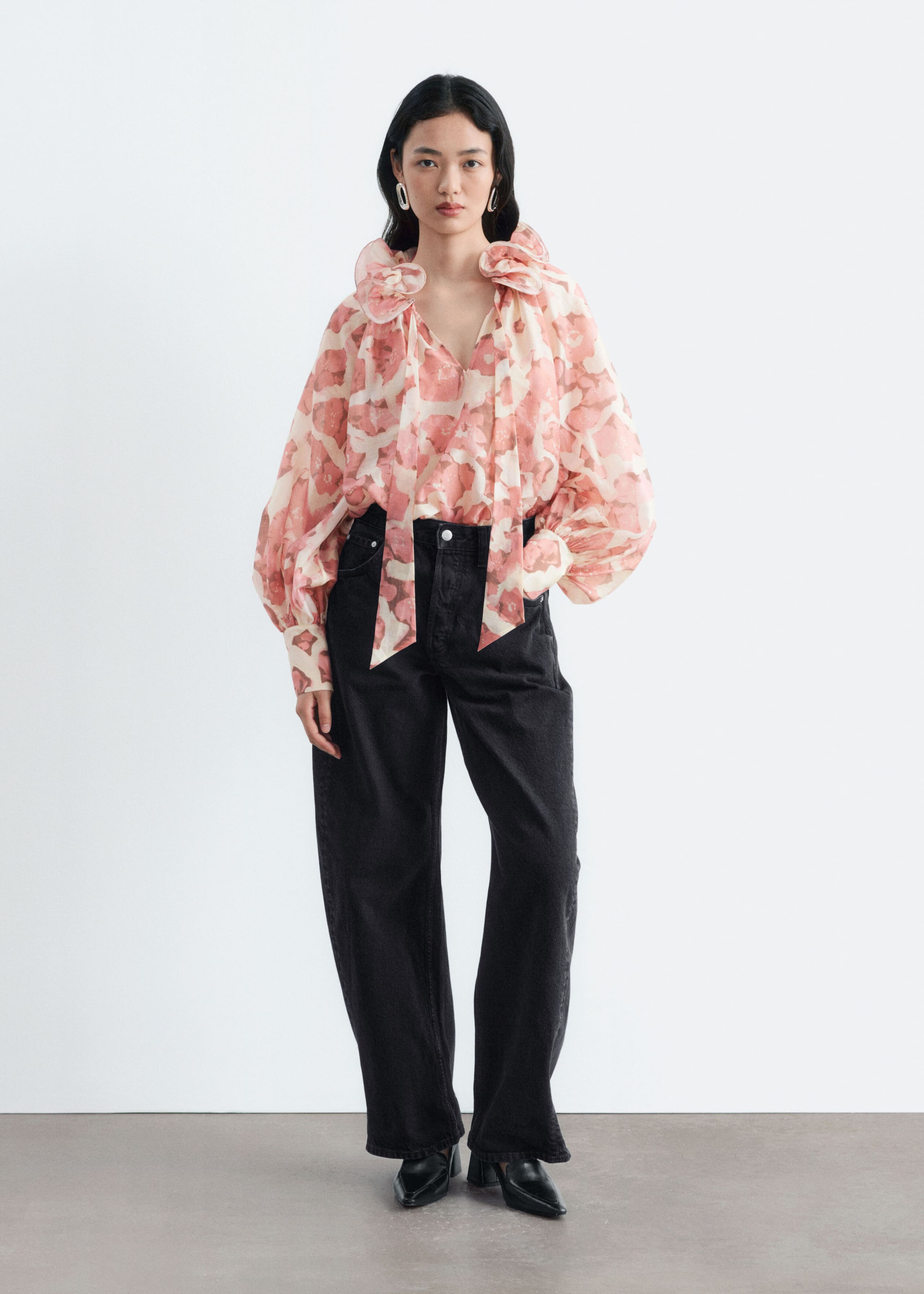 Ruffle Neck Voluminous Blouse - Pink/Florals - Lookbook