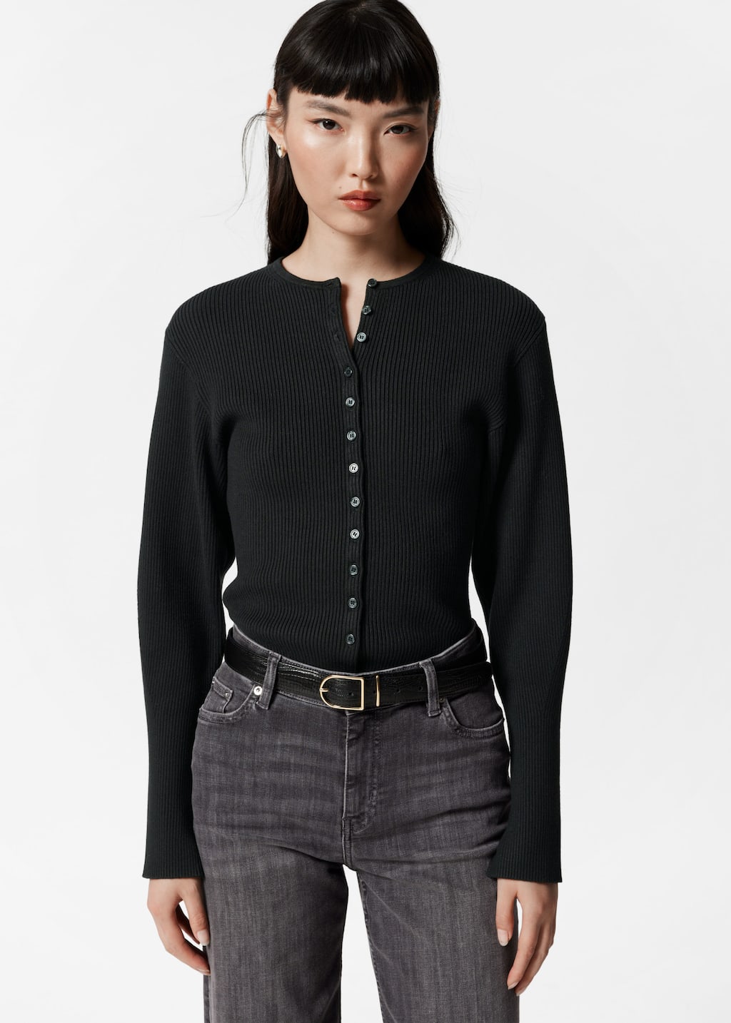 Fitted Rib-Knit Cardigan - Blue - Lookbook