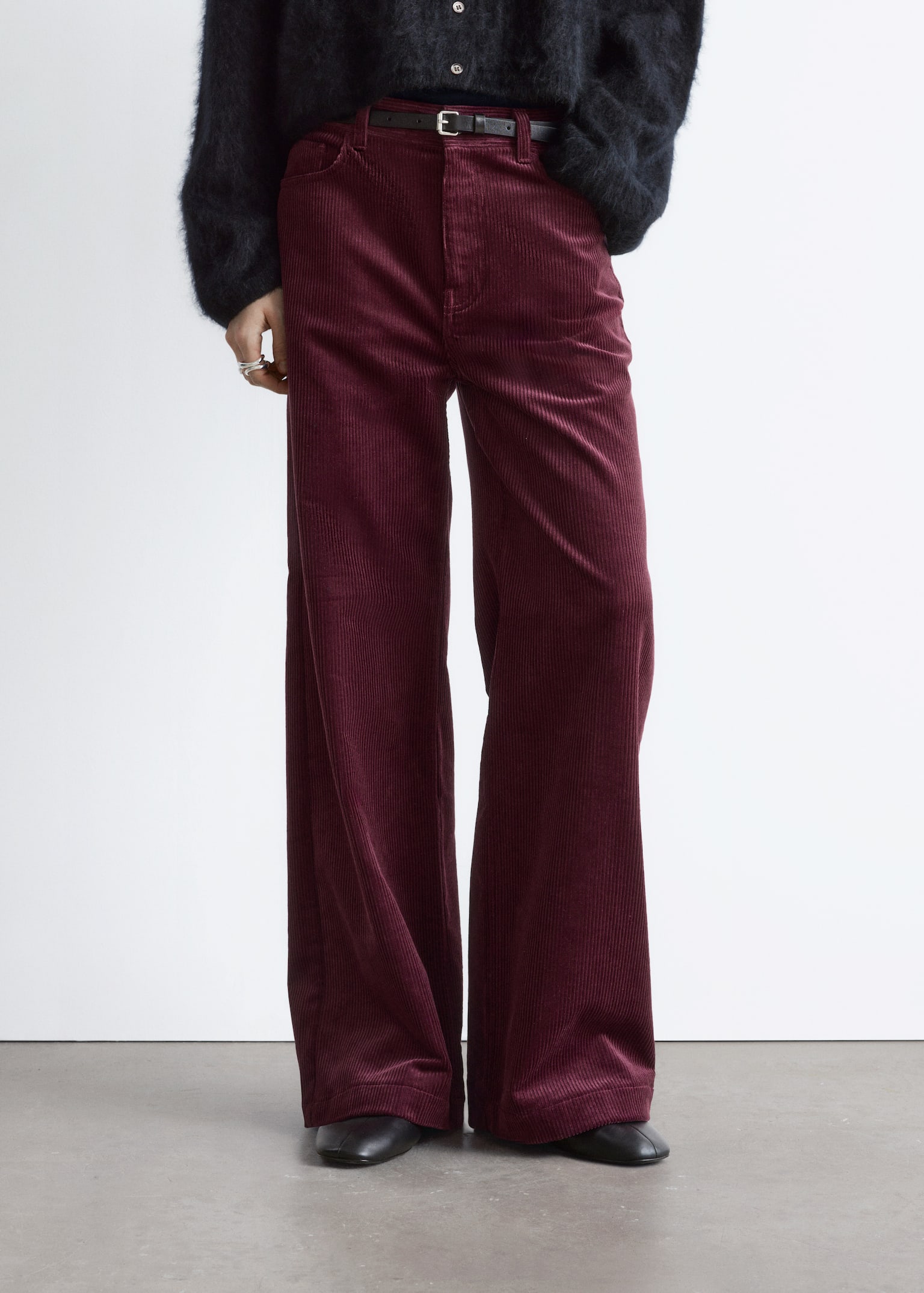 Wide-Leg Corduroy Trousers - Dark Red - 7
