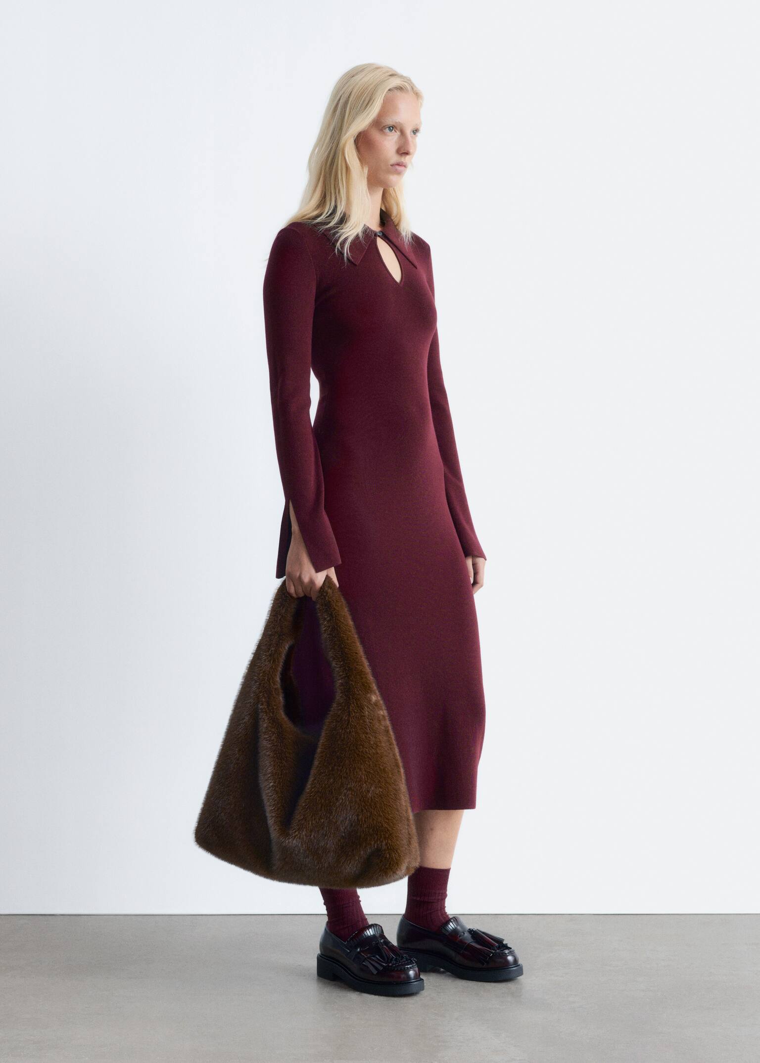 Abito midi in lana lavorato a maglia - Bordeaux