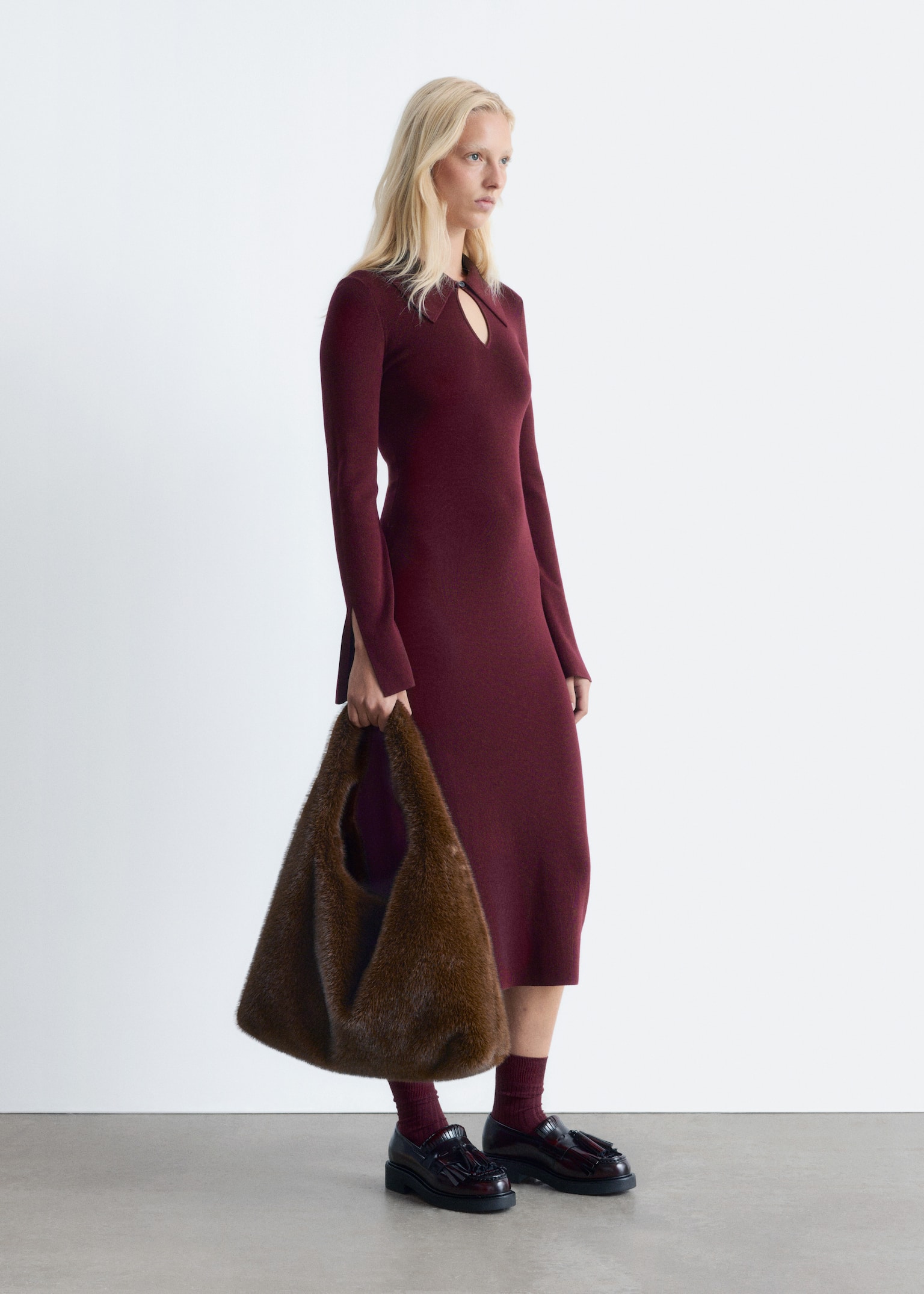 Abito midi in lana lavorato a maglia - Bordeaux